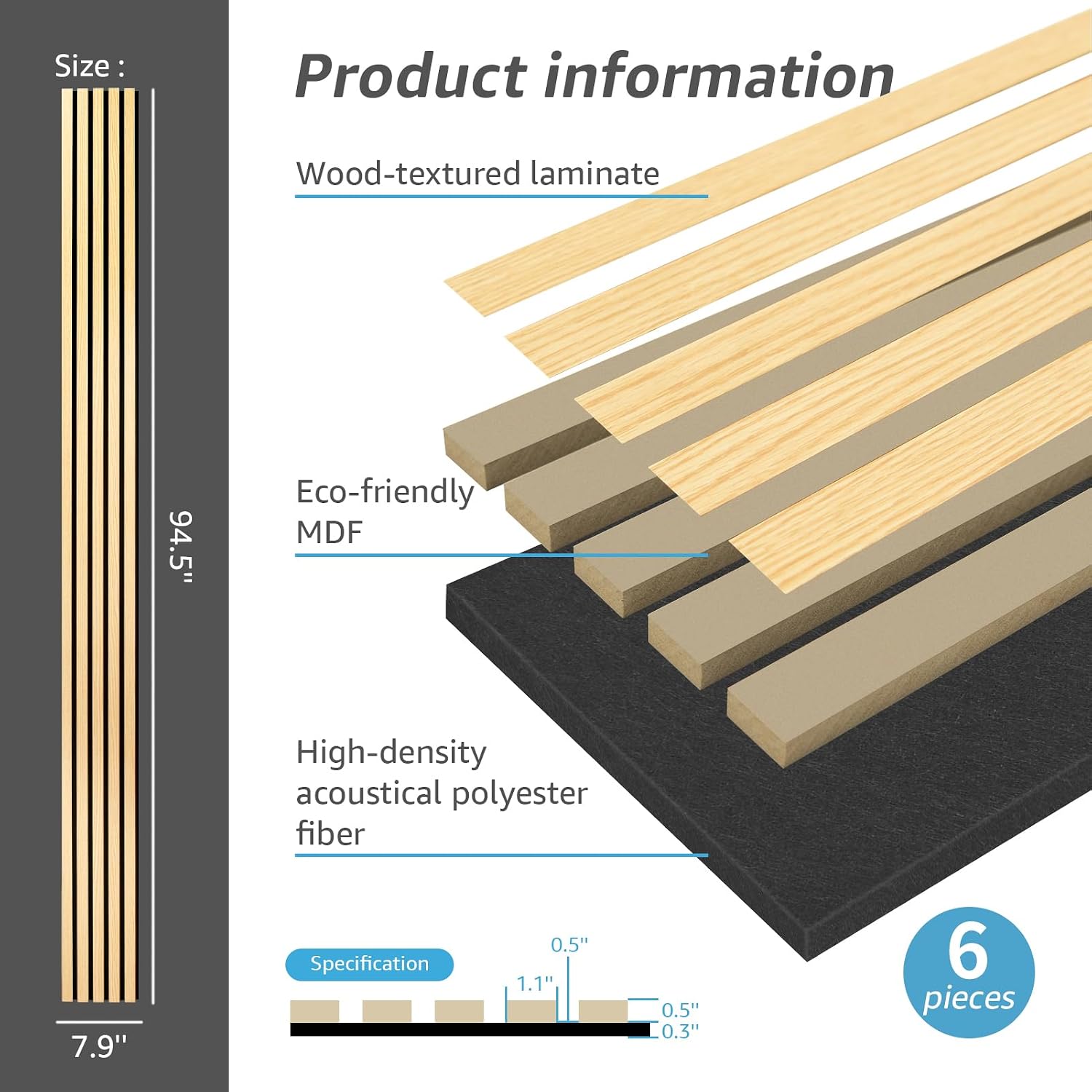 Detalle de Art3d 6-Pack 3D Textured Wood Slat Wall Panels, Oak, 94.5 x 7.9 in