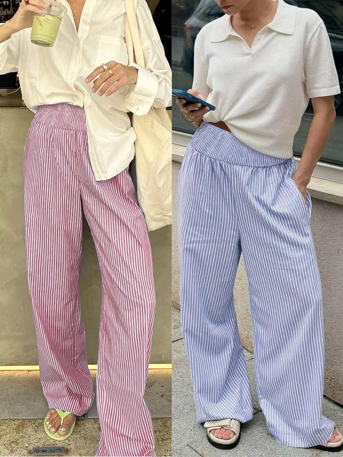 Detalle de ANRABESS Womens Striped Gingham Palazzo Pants: Soft, Breathable Wide-Leg Pajama & Lounge Pants with Pockets
