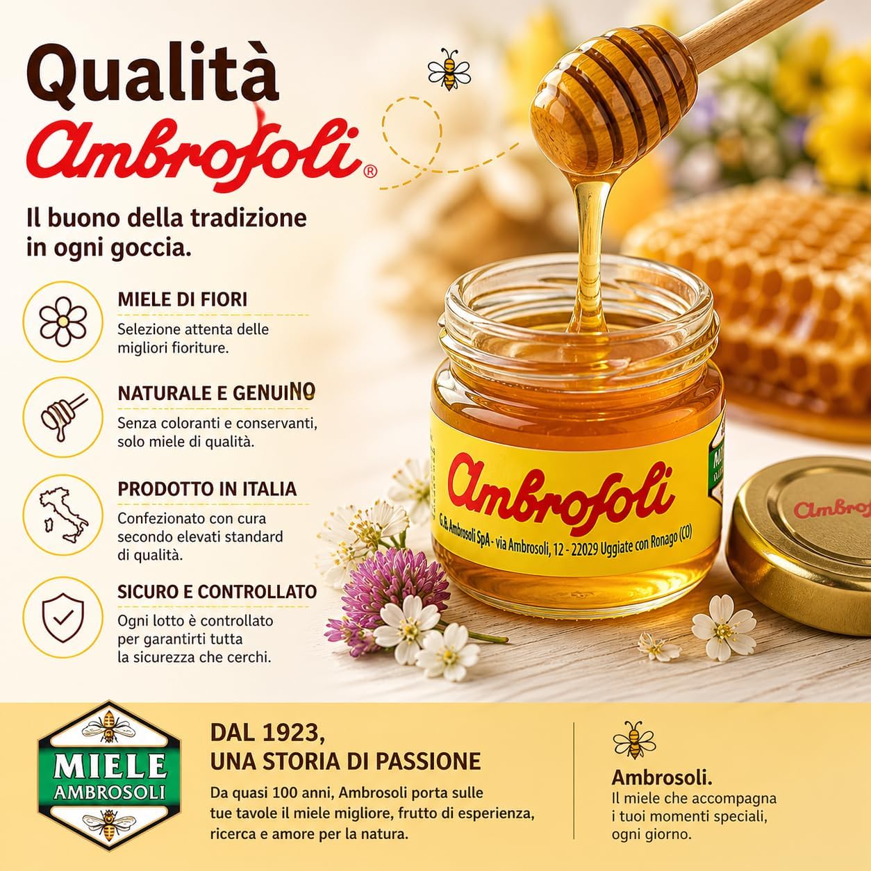 Detalle de Ambrosoli 48 Porzioni Miele di Fiori 28g – Miele Monodose Pratico per Casa, Ufficio e Colazione