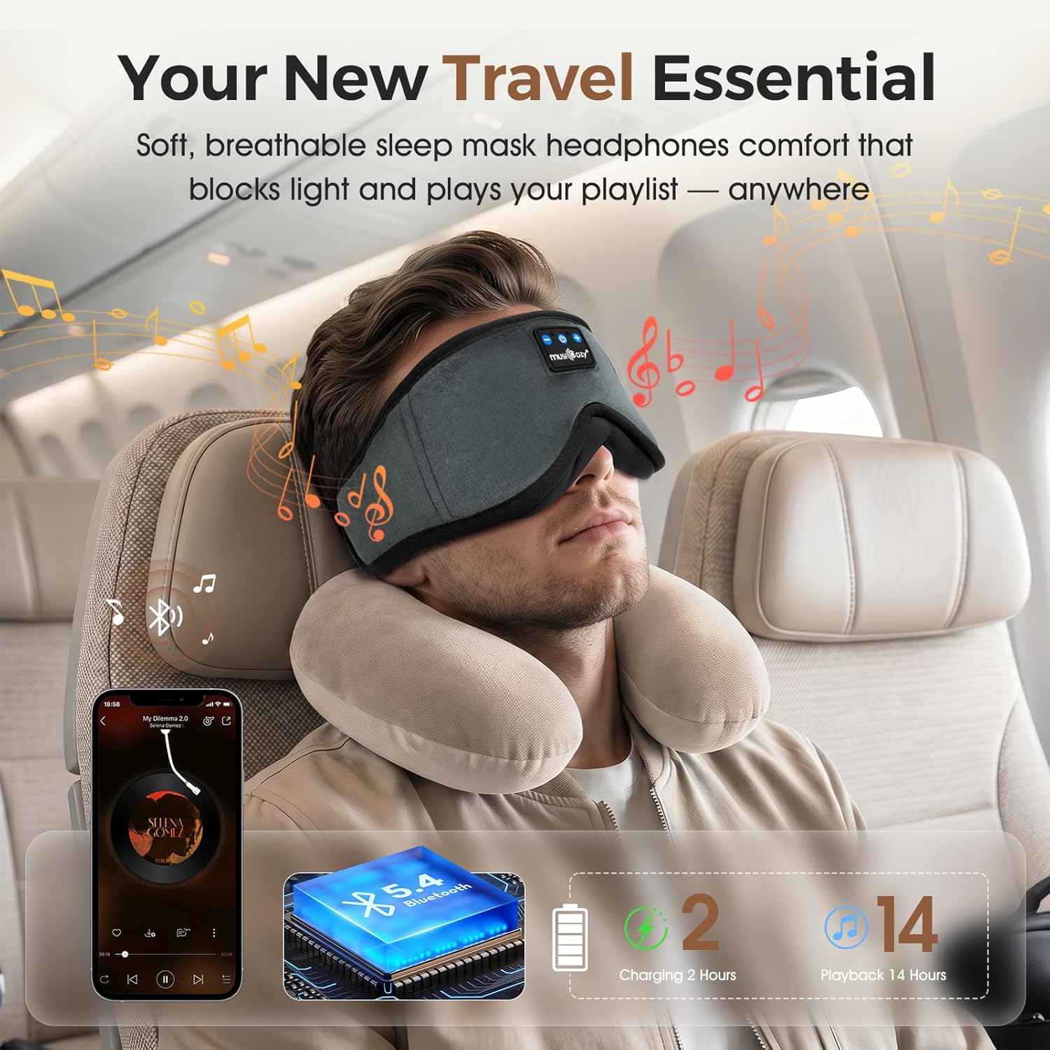 Thumbnail 4 de MUSICOZY Sleep Mask Headphones: 100% Blackout, 3D Contoured Eyes, Bluetooth Sleep Mask with 14H Playback