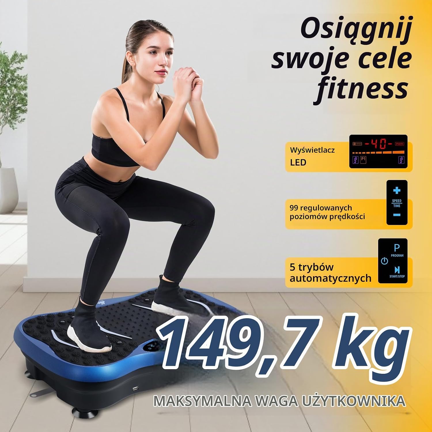 Detalle de EVOLAND płyta wibracyjna z 5 programami, 99 poziomami i głośnikiem Bluetooth