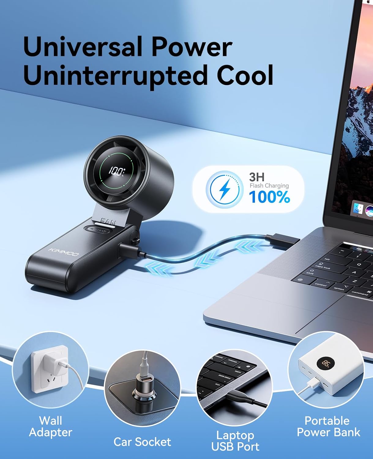 Detalle de KIMMOO QW-F52 3-in-1 Portable Handheld Turbo Fan, 100 Speeds, 120° Foldable