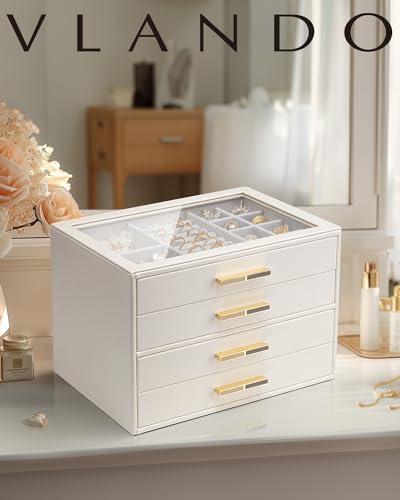 Thumbnail 6 de VLANDO Boîte à bijoux Grande 4 niveaux avec couvercle en verre et cuir PU – rangement élégant et pratique