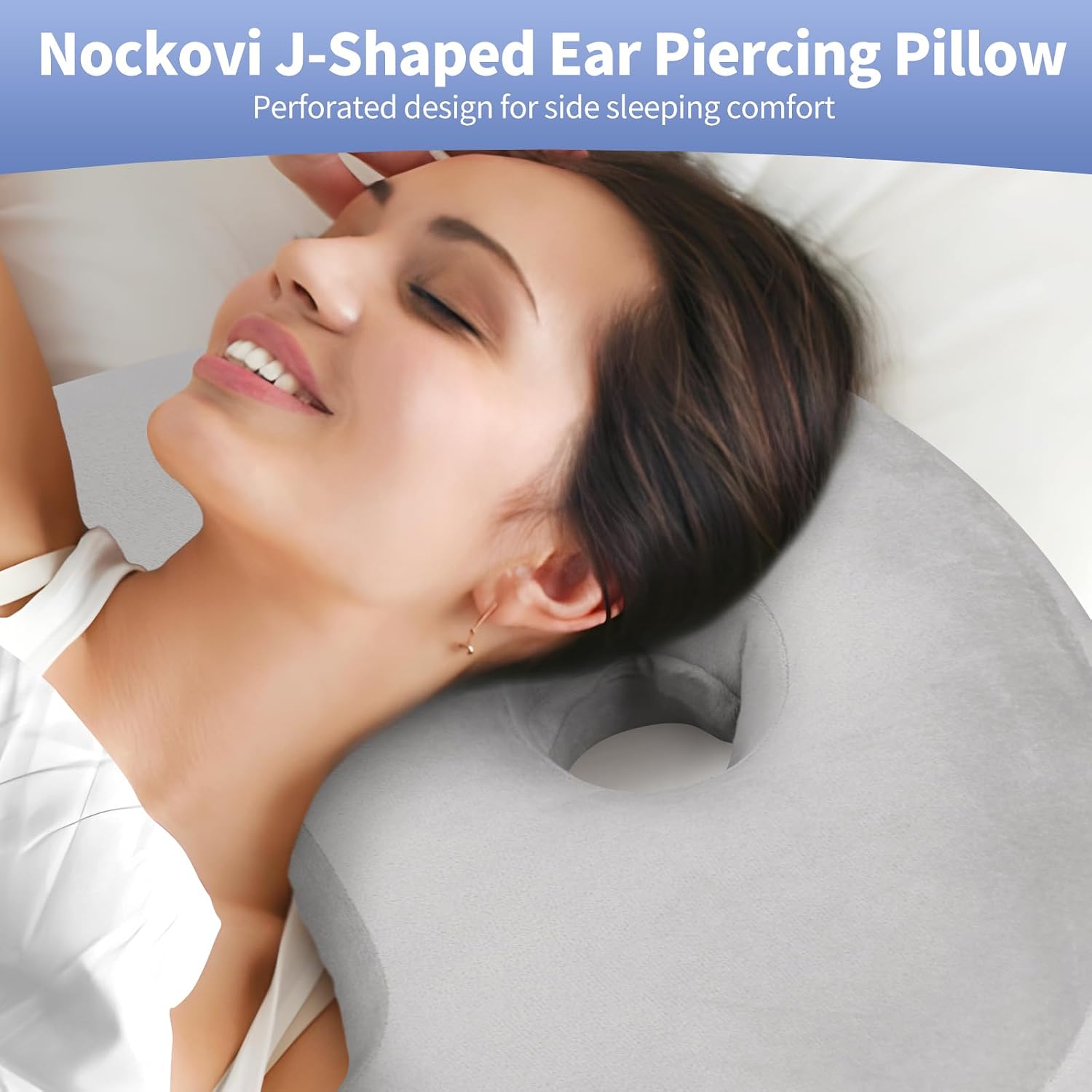 Detalle de Nockovi J-Shaped Ear Piercing Pillow with 4" Hole – Ergonomic, Grey Velvet, 20x26 in
