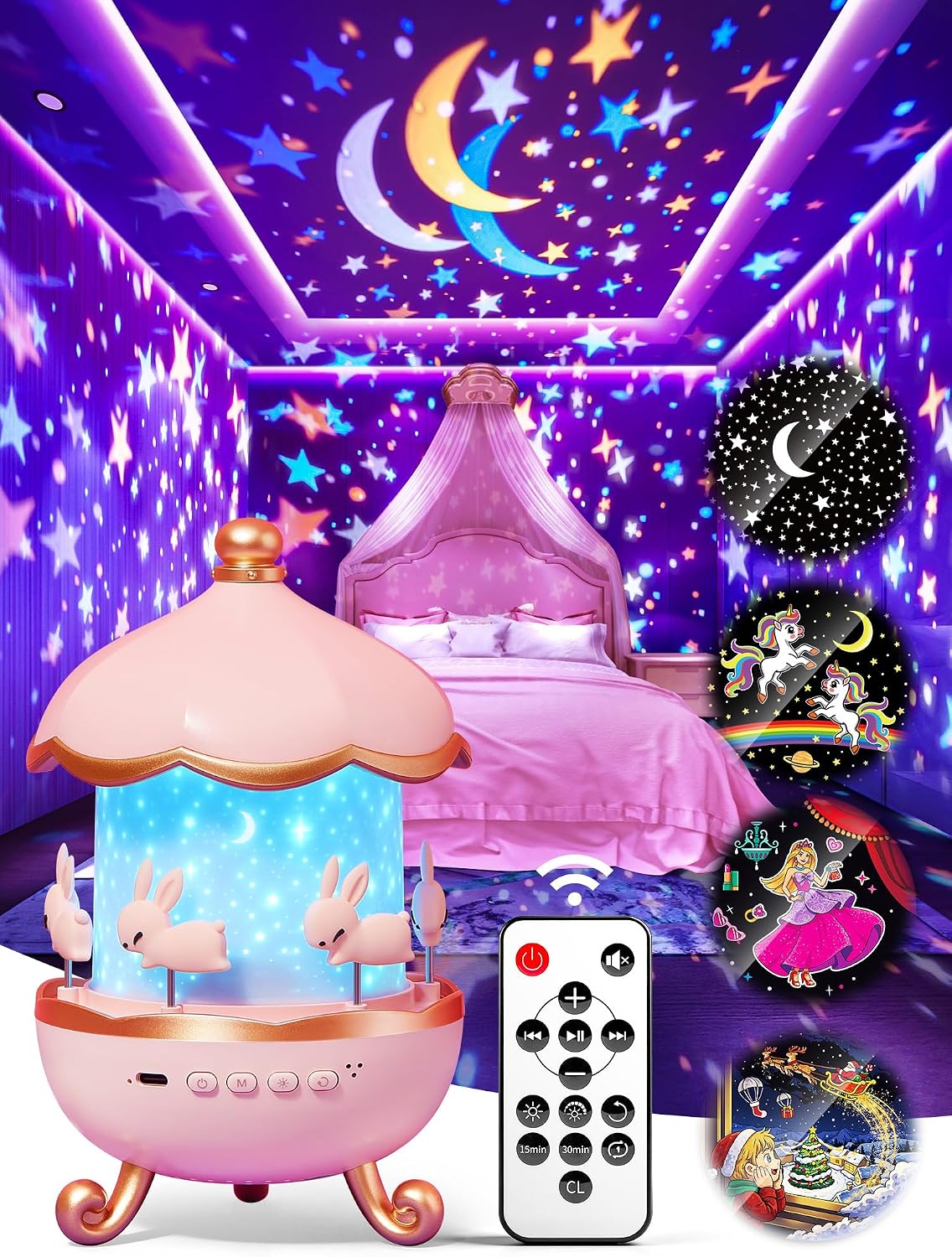 Detalle de Carousel Night Light for Kids: Unicorn Star Projector With Remote, Timer, Music & Films (315 Color Modes)