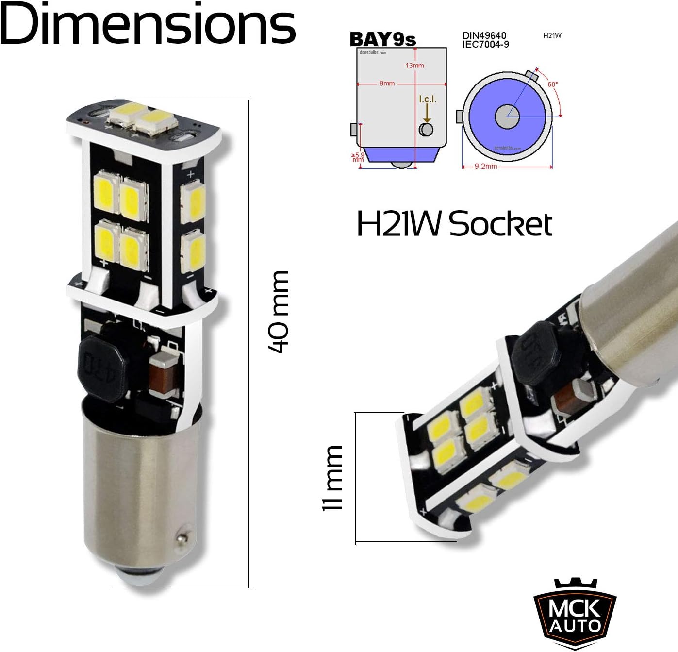 Detalle 2 de MCK Auto H21W BAY9s LED Canbus Bulbs – White, Very Bright Sideli ghts and Reversing Lights (F30/F31 LCI) GA4L3