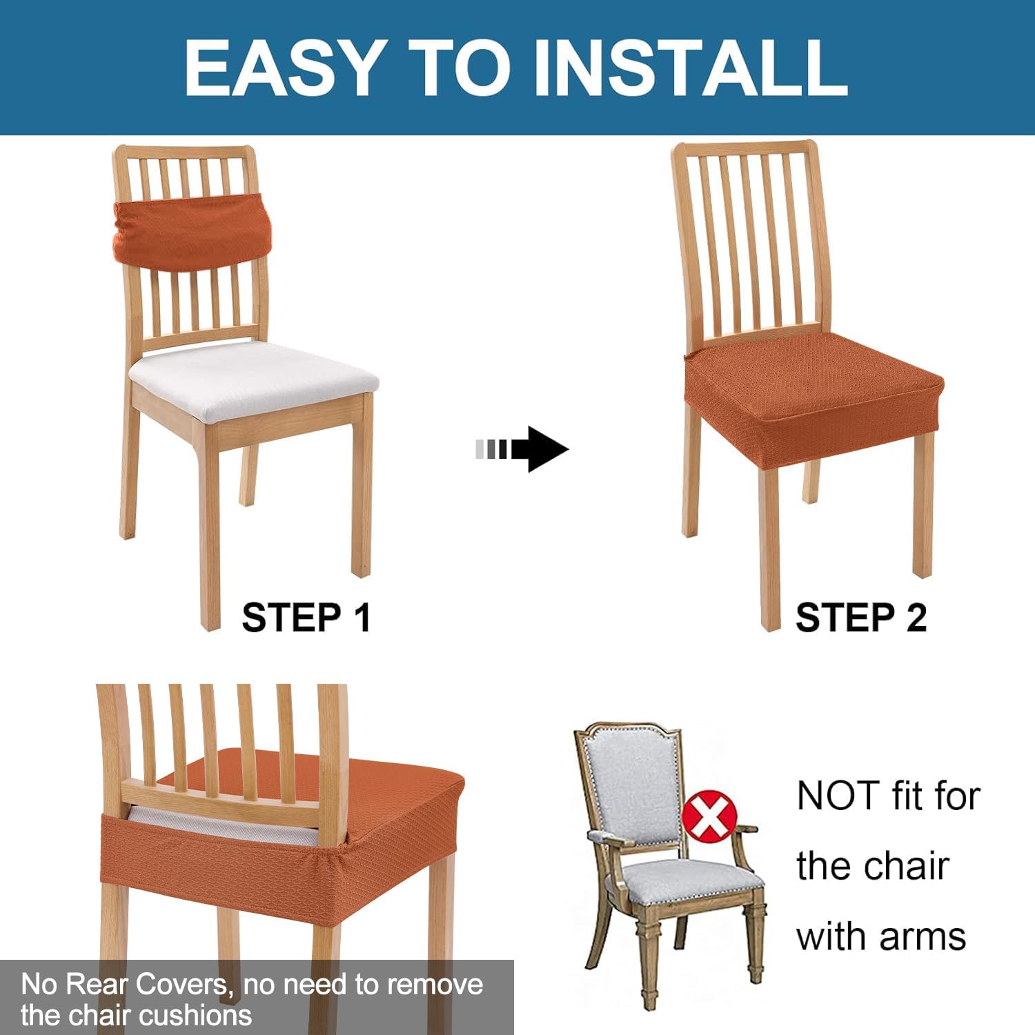 Thumbnail 4 de Smiry Waterproof Dining Chair Seat Covers, Set of 4, Rust Stretch Jacquard