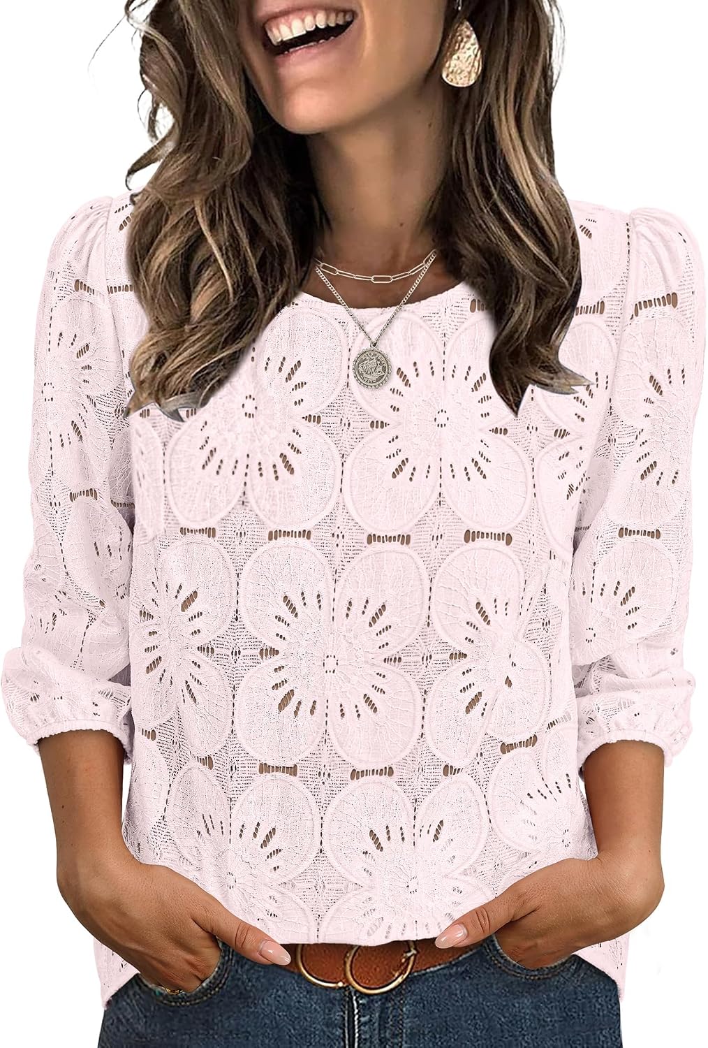 Detalle de Sampeel Women’s Lace Eyelet 3/4 Sleeve Blouse (Dressy-Casual Puff Sleeve Top)