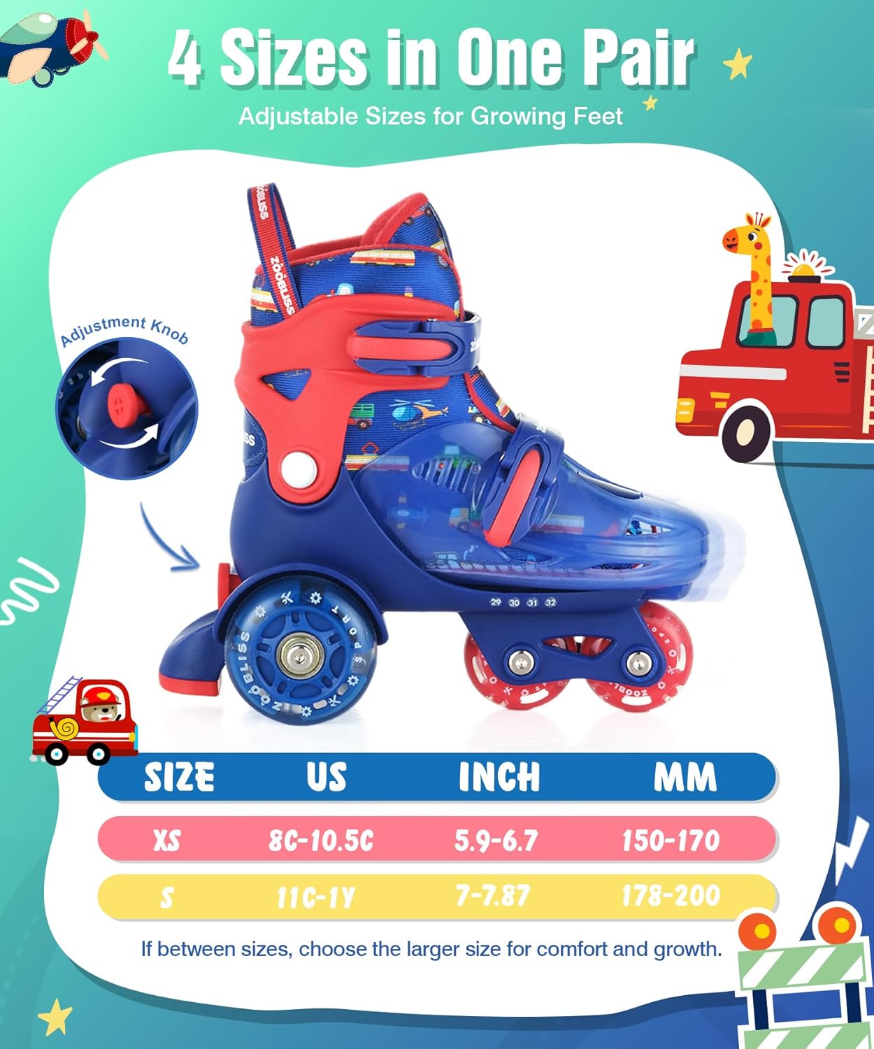 Detalle de ZOOBLISS Kids Roller Skates for Beginners (4-Size Adjustable, Tri-Wheel Training, Light-Up Wheels) for Ages 3-7