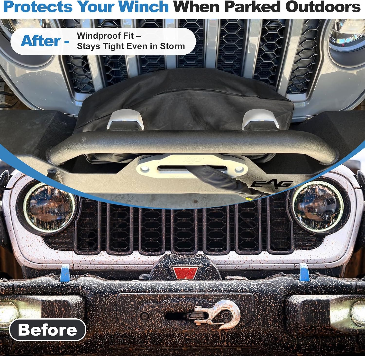 Detalle de MUAKIOY Heavy-Duty Waterproof Winch Cover (21.5” x 9.5” x 7.5”) for Electric Winches 8,500–17,500 lbs, Black