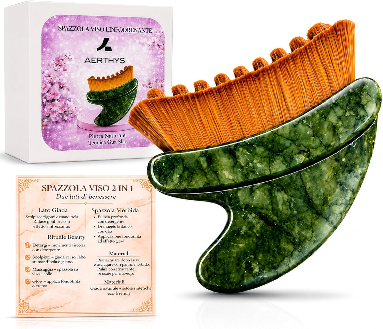 Detalle de Gua Sha Viso in Giada Naturale 2 in 1 Aerthys – Massaggiatore Linfodrenante per Contorno Occhi, Viso e Mandibola