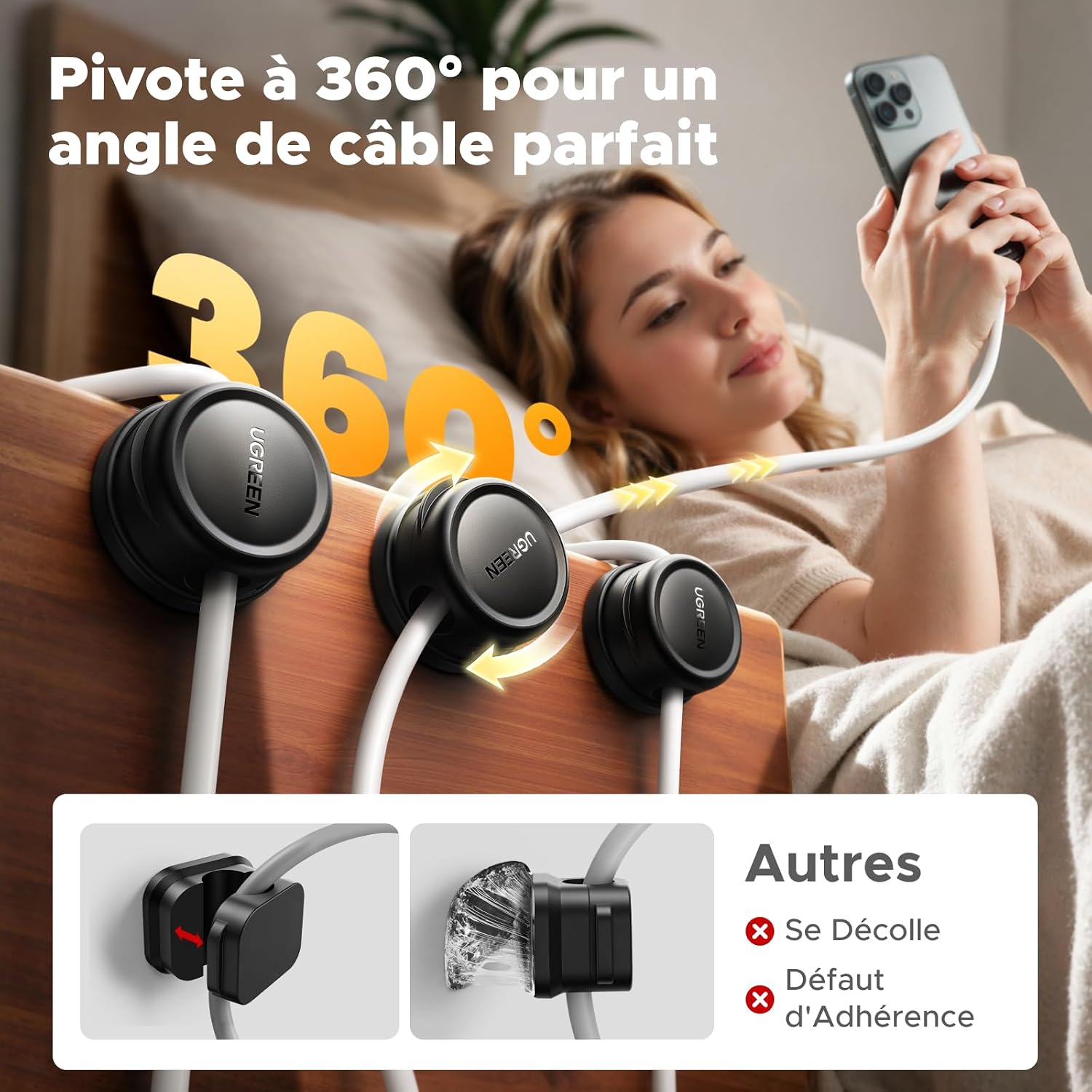 Detalle 2 de UGREEN 6 pièces organiseurs de câbles magnétiques rotatifs à 360° (noir) — clips autocollants pour bureau