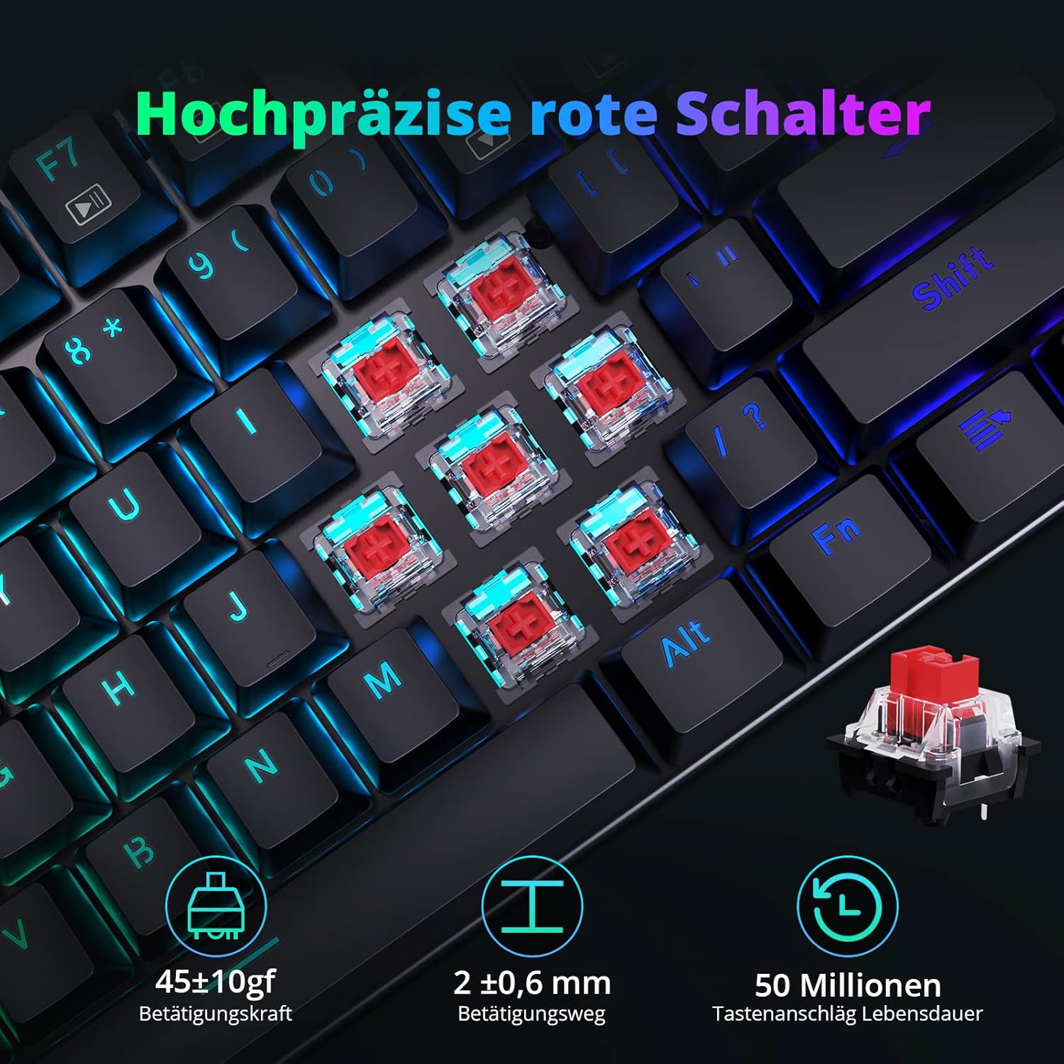 Thumbnail 2 de Redragon Mechanische Gaming Tastatur QWERTZ mit roten Schaltern – 105 Tasten, RGB, Kabelgebunden