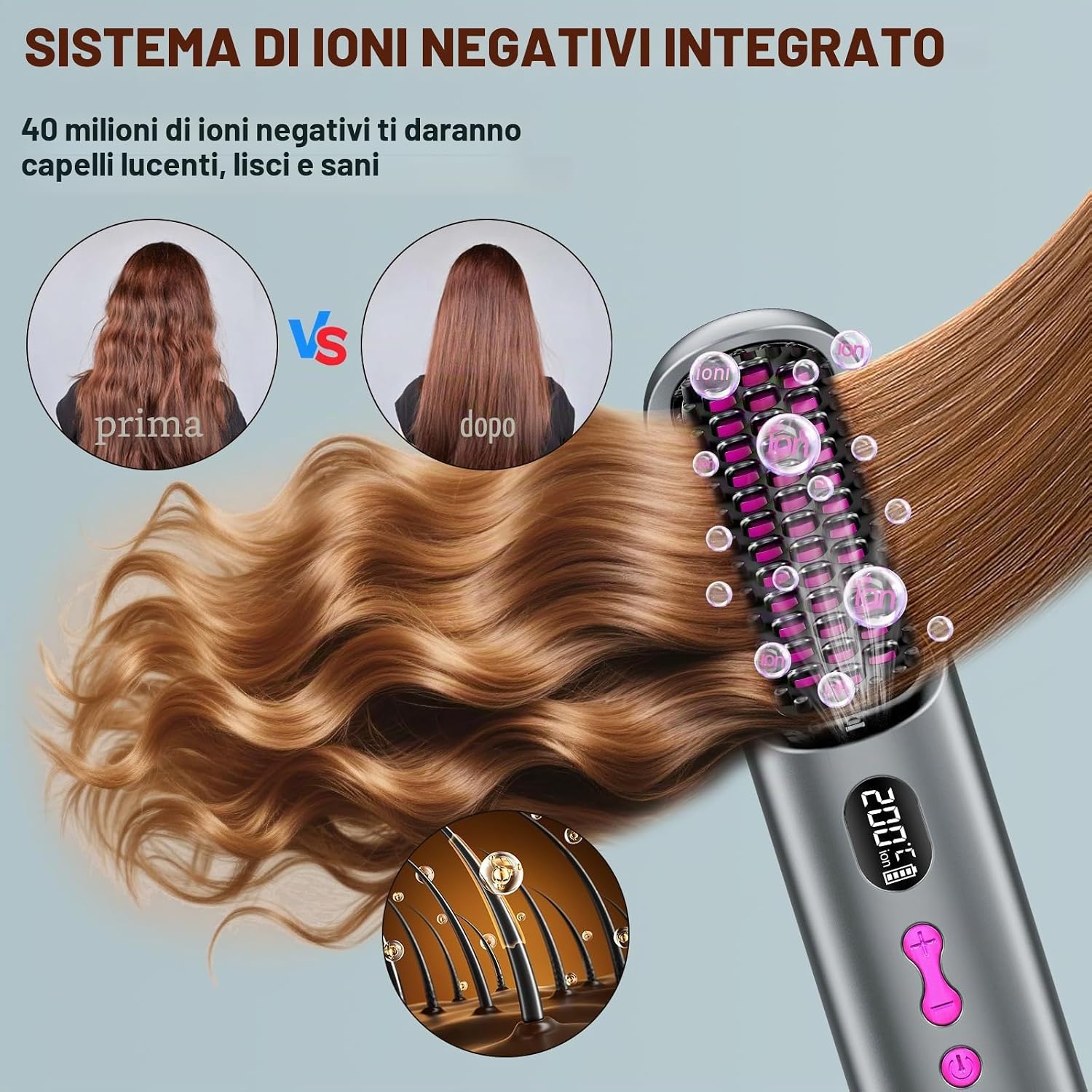Detalle de Spazzola Lisciante per Capelli 9600mAh, senza fili, 4 livelli di temperatura e design da viaggio