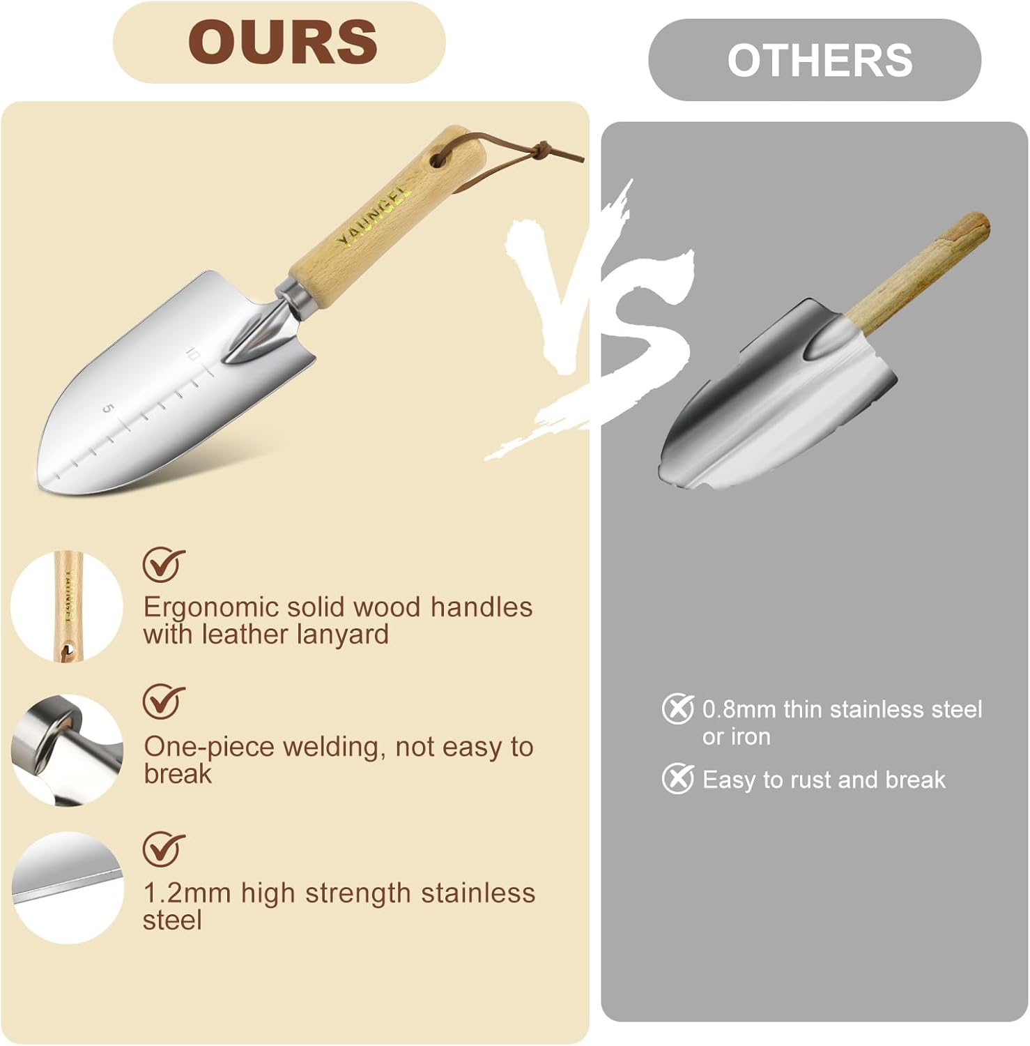 Thumbnail 3 de YAUNGEL Ensemble d’outils de jardinage en acier inoxydable (10 pièces) avec poignées en bois antidérapantes