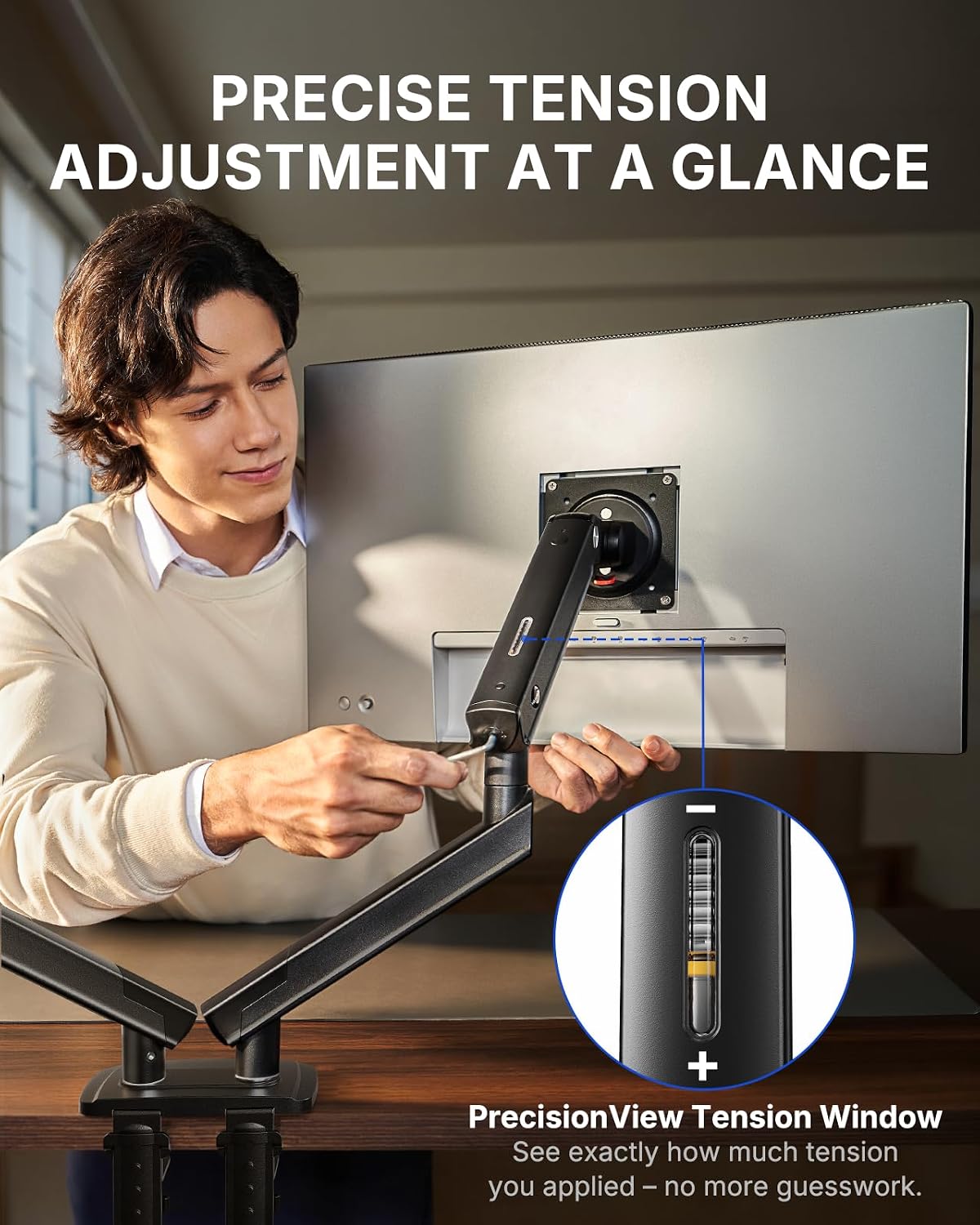 Detalle de HUANUO FlowLift Pro Dual Monitor Arm for 13–32" Screens