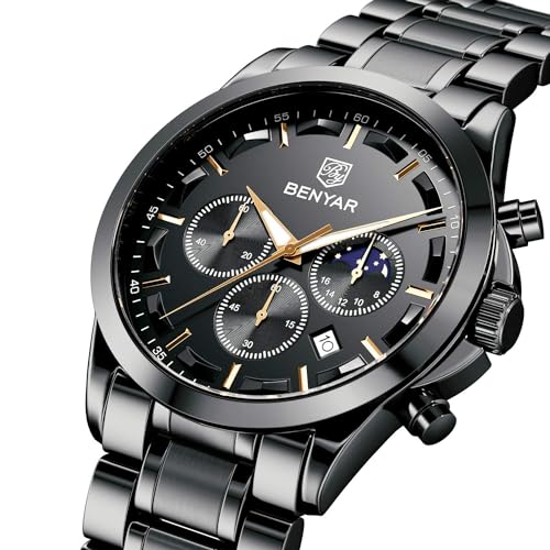 Thumbnail 7 de BENYAR Montre Homme Chronographe Étanche – Bracelet Cuir, Grand Cadran Bleu Argent-b
