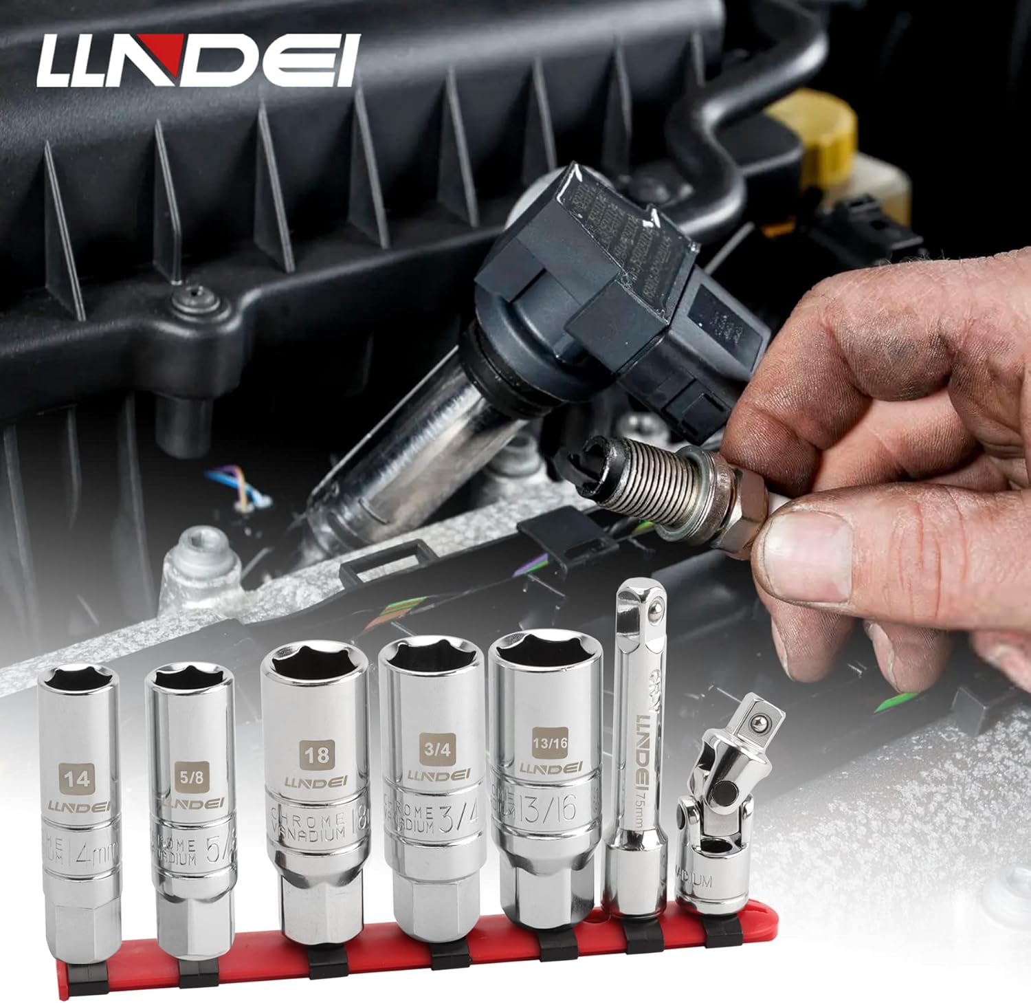 Thumbnail 6 de LLNDEI 3/8-Inch Drive Spark Plug Sockets Set (7-Piece) – SAE & Metric with Extension Bar and Universal Joint