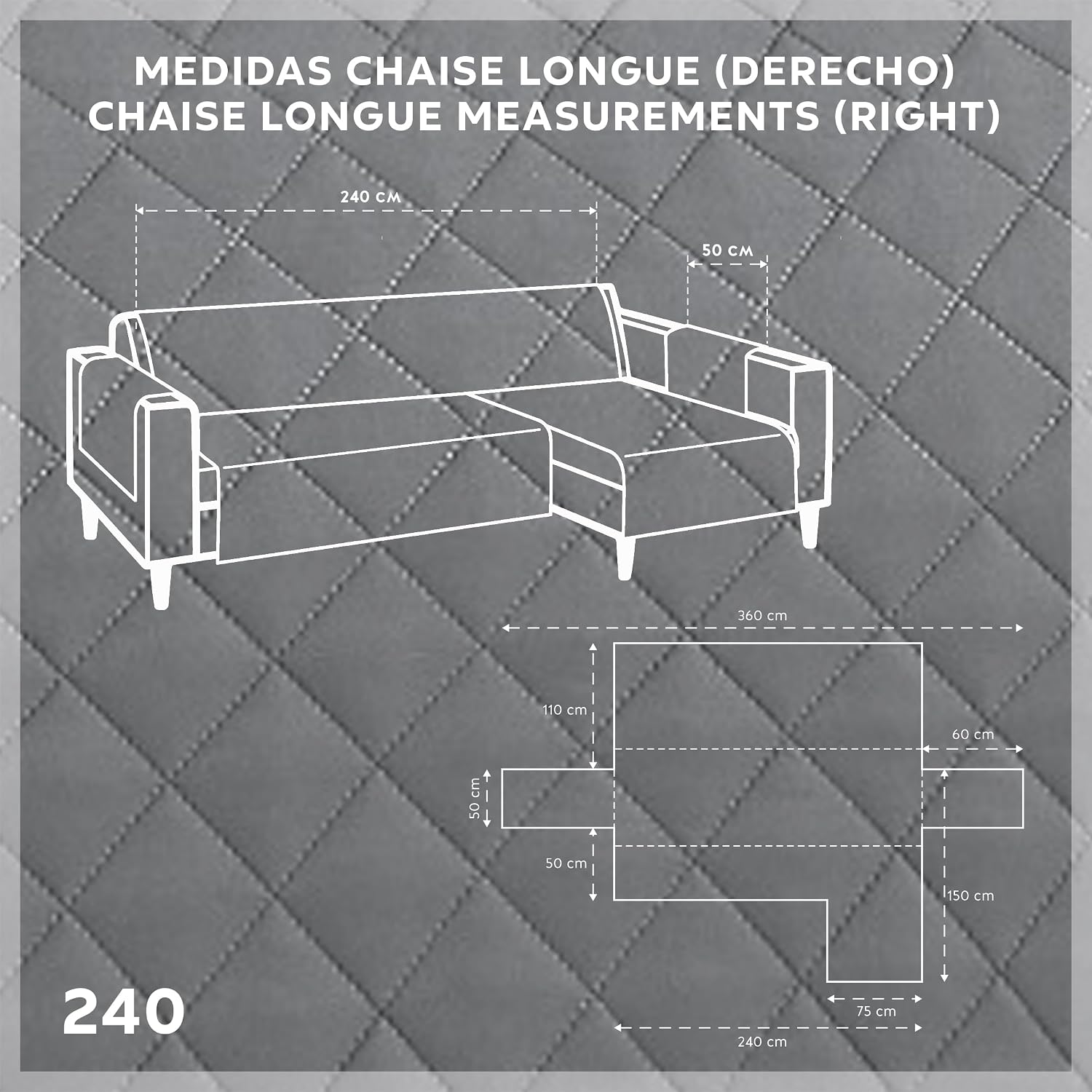 Thumbnail 2 de textil-home Funda Cubre Sofá Chaise Longue Malu ❤️ 240cm Gris