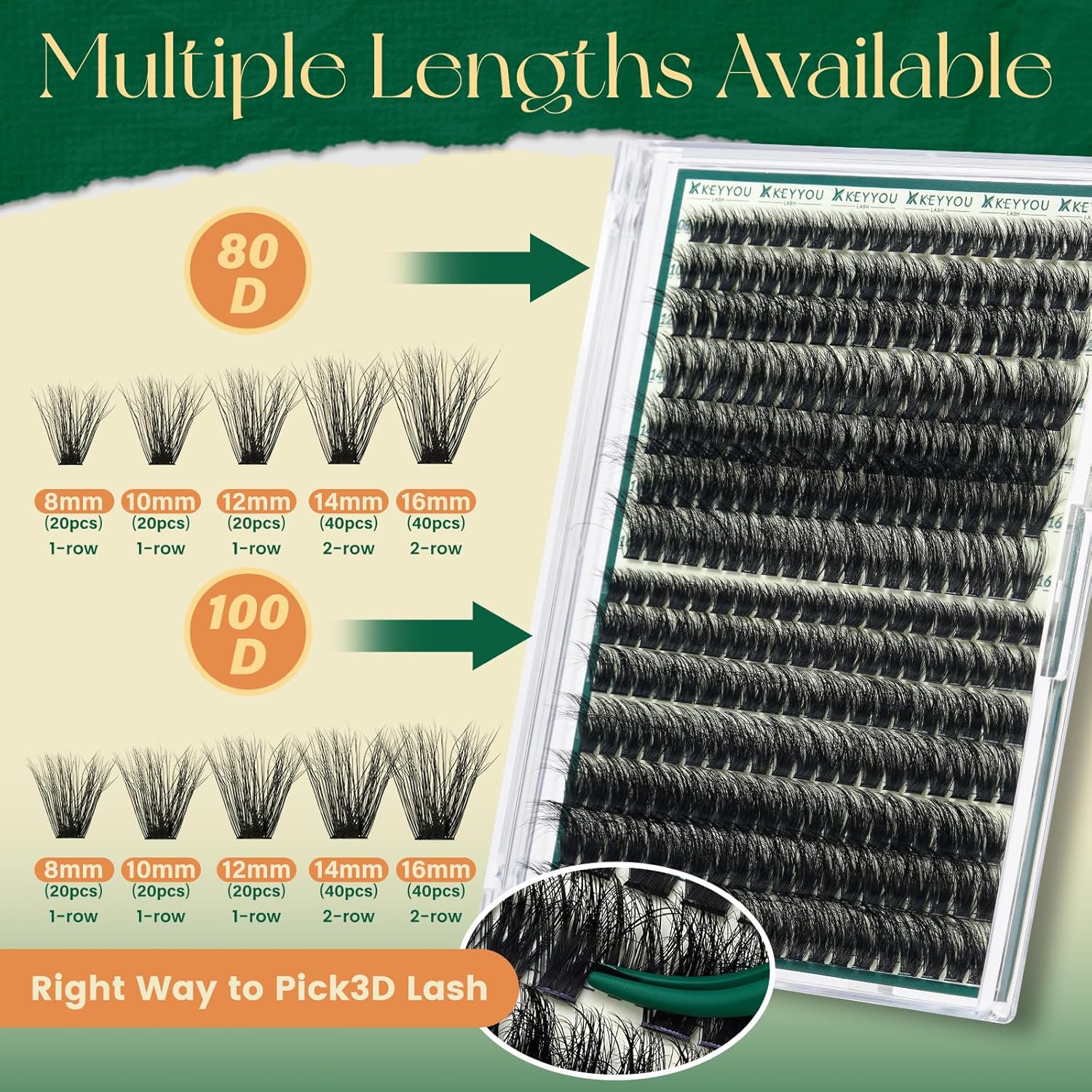 Thumbnail 2 de KEYYOU Lash Clusters Kit 80D100D Diy Individual Eyelash Extension Kit (Kit-8-16MIX) with 280 Pcs + Waterproof Lash Bond & Seal Tweezers