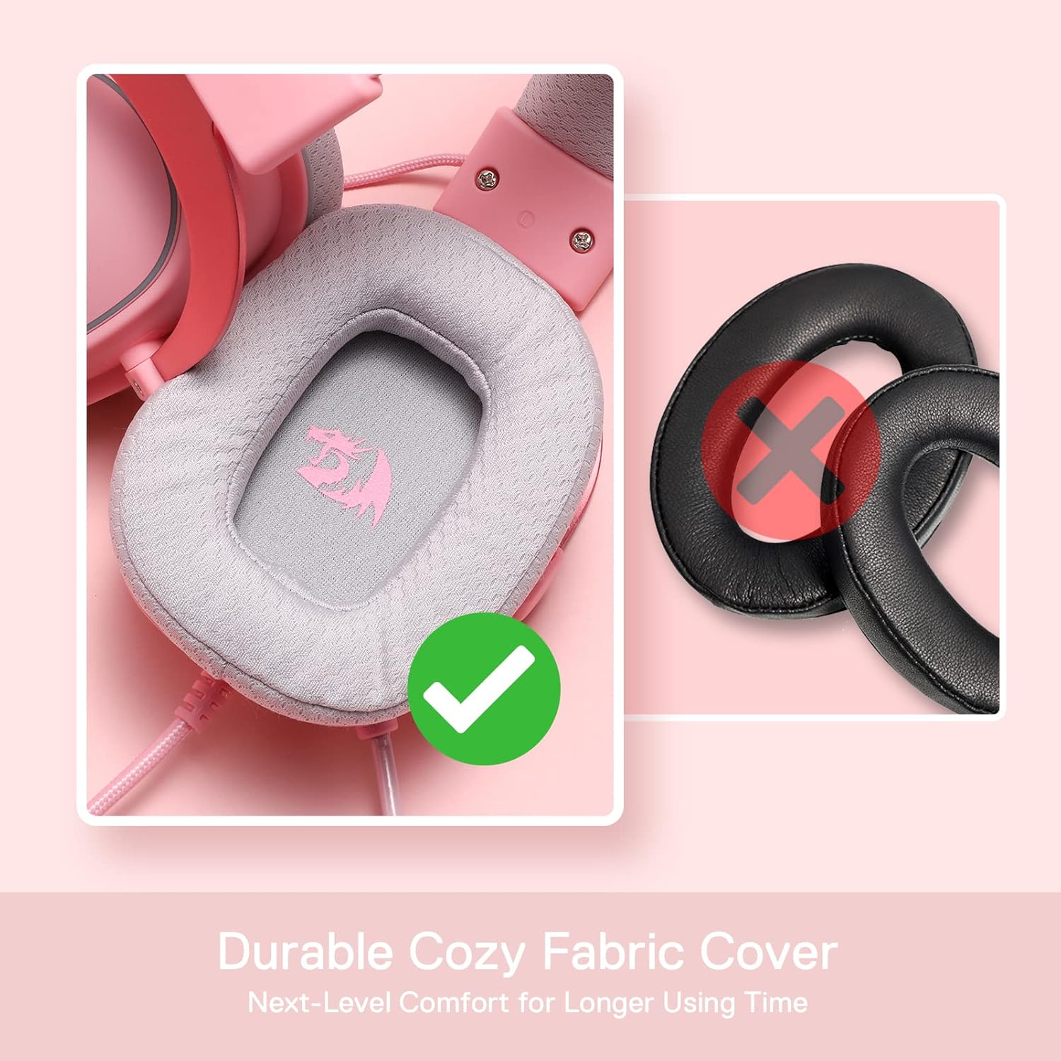 Detalle de Redragon H510 Zeus Gaming-Headset – 7.1 Surround-Sound, 53 mm Treiber, Stoffbezug, RGB, rosa