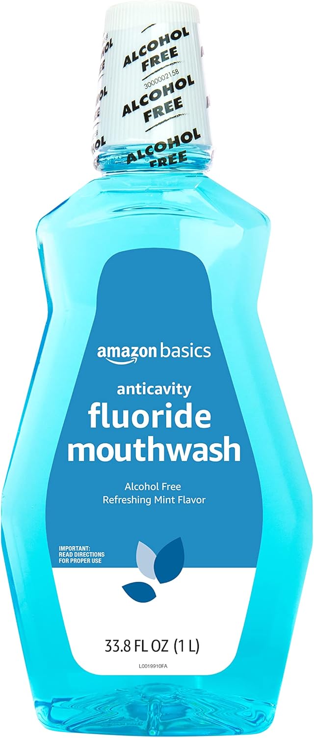 Amazon Basics Alcohol-Free Fluoride Mouthwash Rinse for Adults, Mint, 1 Liter (Cavity Protection)