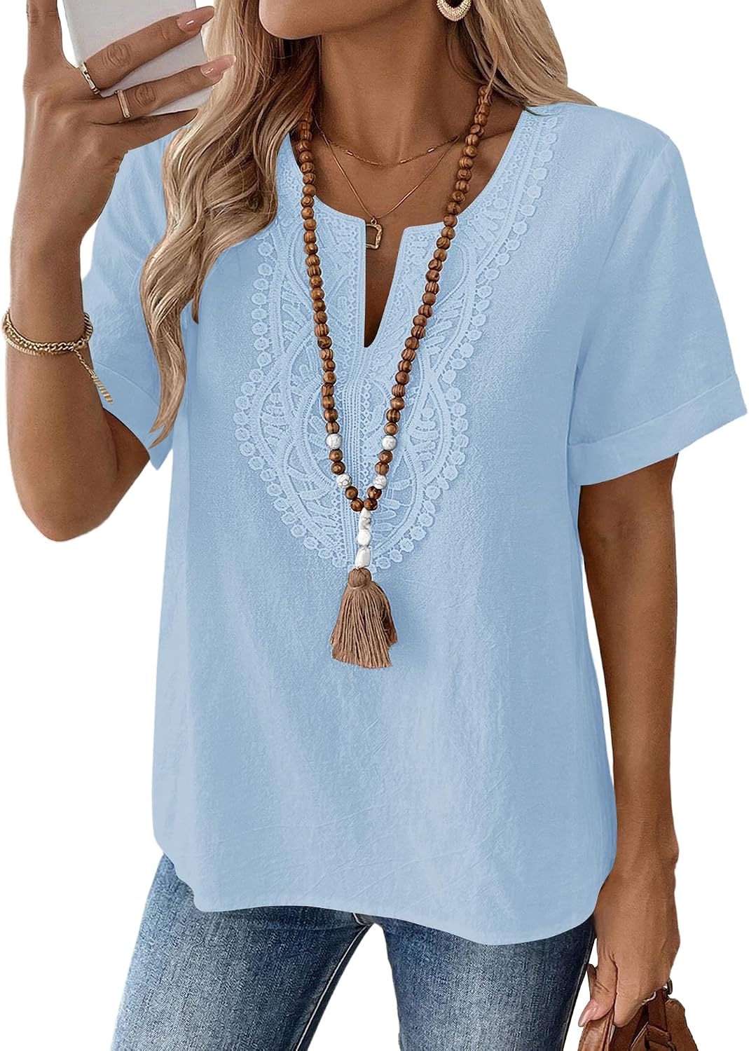 Thumbnail 6 de Rapbin Women's Short Sleeve Cotton-Linen Lace V-Neck Tunic Top