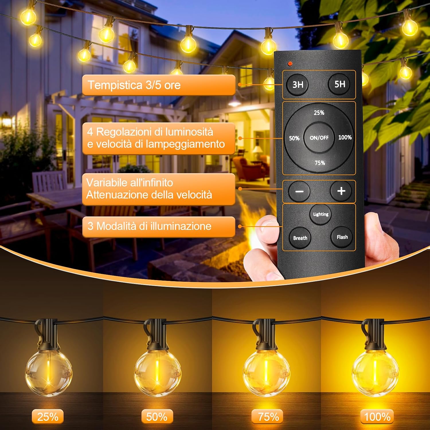 Thumbnail 1 de Catena Luminosa Esterno Luci Giardino - 30M G40 LED 36+2 Lampadine con Telecomando, IP44, Luce Calda per Gazebo, Terrazzo e Balcone