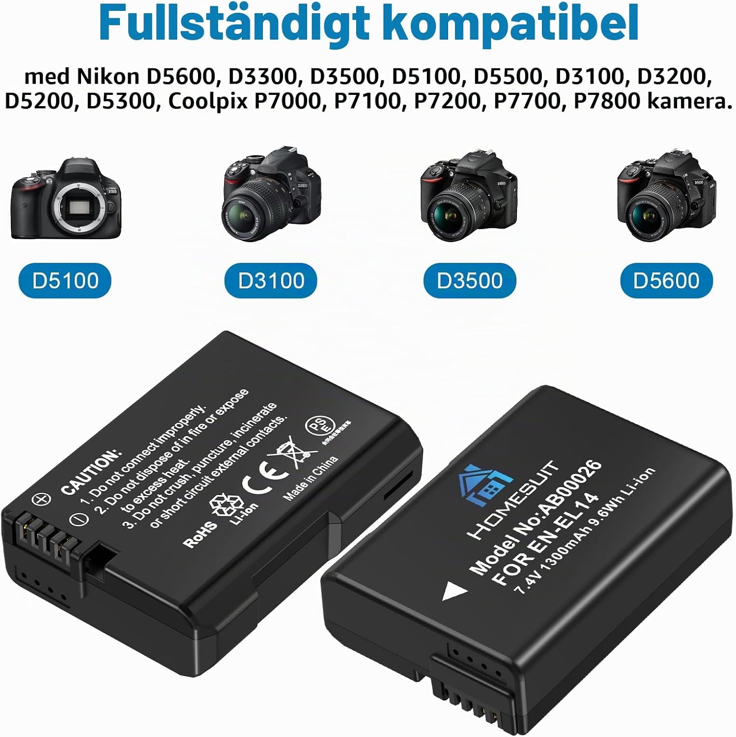 Detalle 2 de Homesuit EN-EL14/EN-EL14a batterisats med USB-dubbelladdare, 2-pack