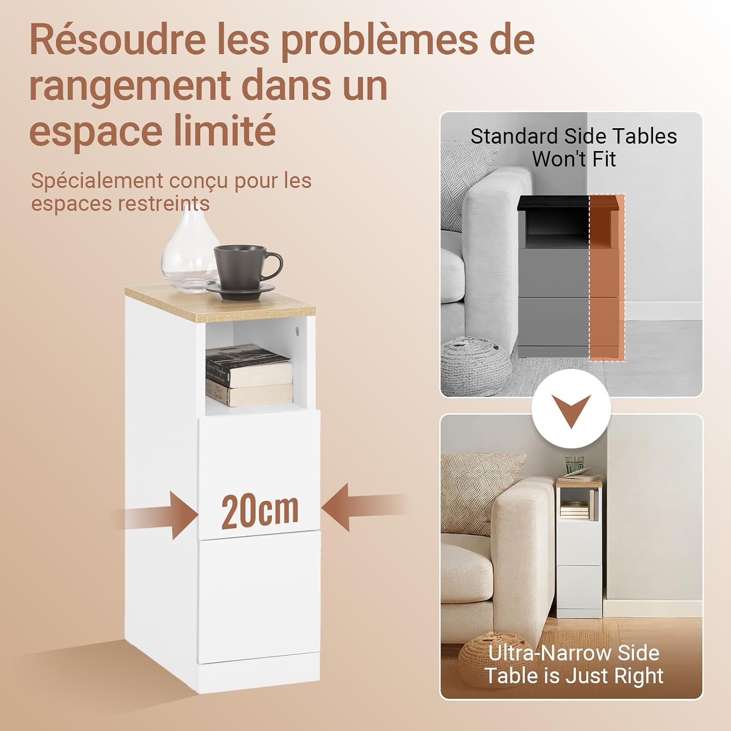 Detalle de SoBuy Lot de 2 Tables de Chevet étroites 20 cm – Tables de Nuit avec 2 tiroirs, blanc, L20 x P35 x H60 cm (FBT149-WNx2)
