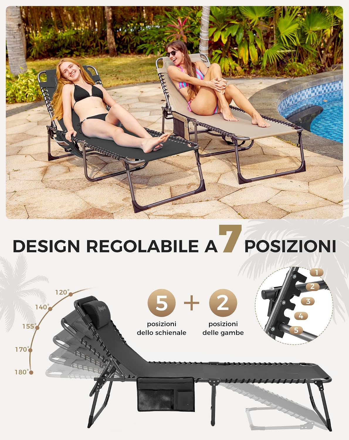 Detalle de KingCamp Set di 2 lettini prendisole pieghevoli con cuscini e tasche, lettini da giardino pieghevoli per spiaggia e giardino, capacità 180 kg