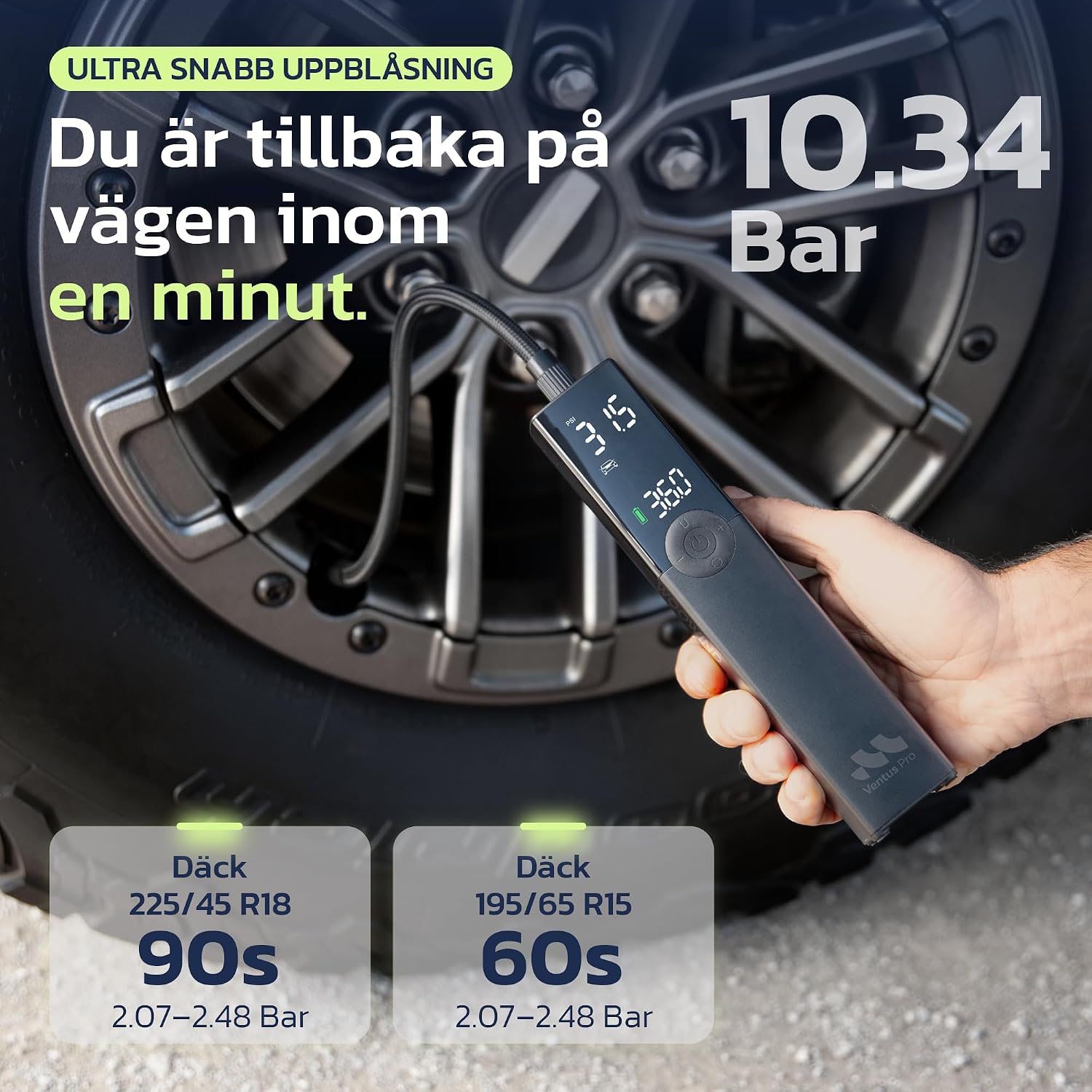 Detalle de Woowind Ventus Pro bärbar luftkompressor, 150 PSI och USB-C-laddning