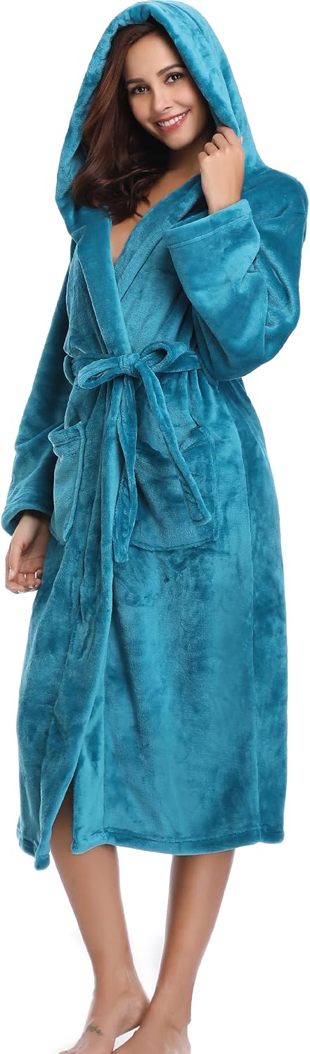 Thumbnail 3 de Vlazom Robe de chambre polaire pour femme à capuche, peignoir en flanelle chaude et douce