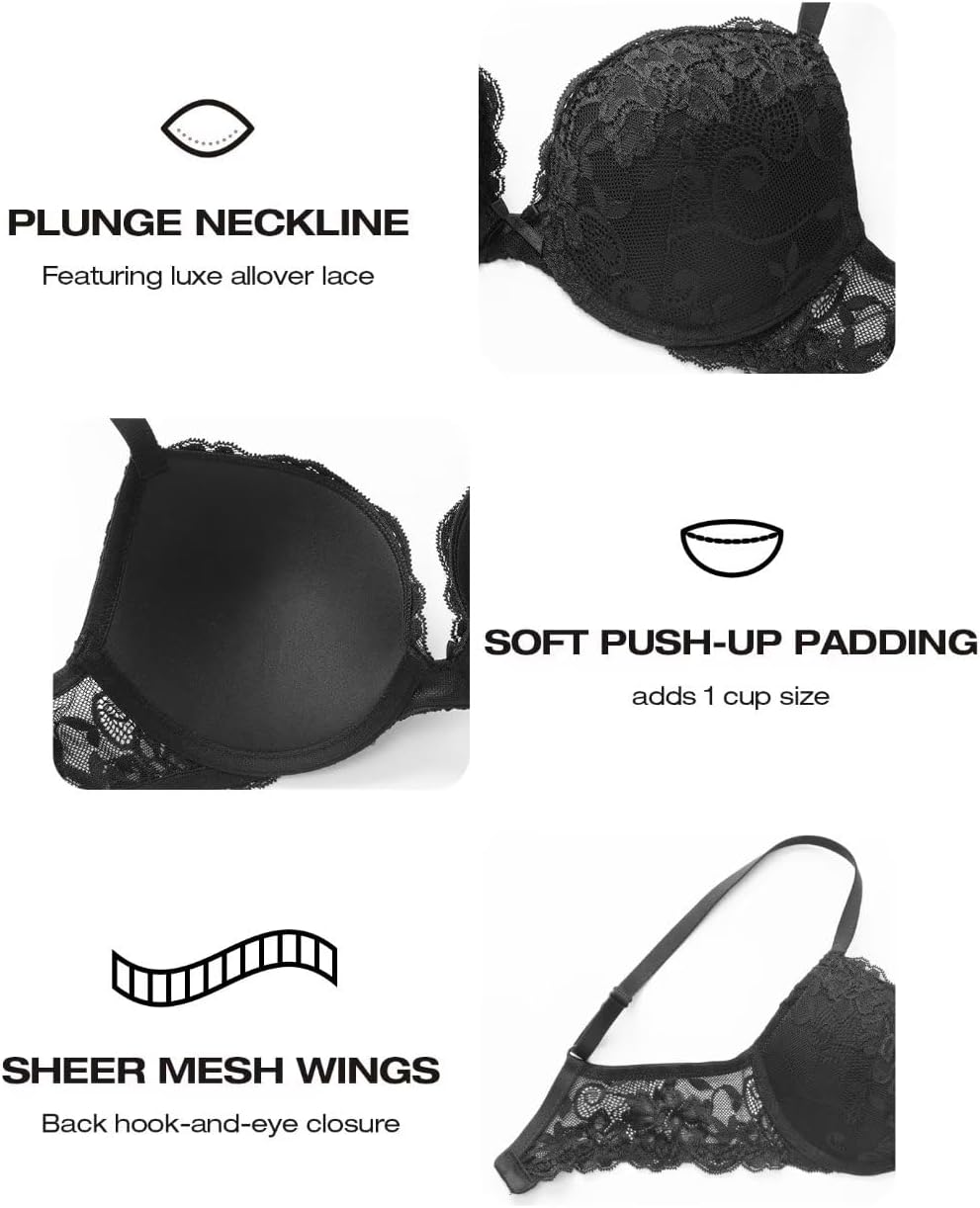 Thumbnail 6 de Deyllo Women’s Push Up Lace Bra Comfort Padded Underwire Bra Lift Up Add One Cup