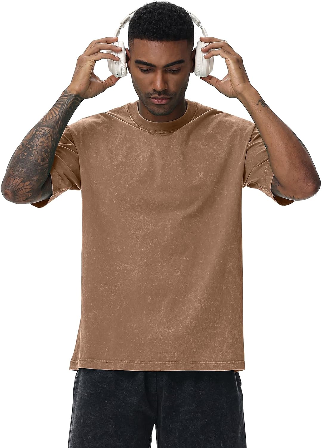 Detalle de SnowElve Men’s Oversized Cotton T-Shirts Loose Fit Vintage Washed Tee (Unisex Short Sleeve)
