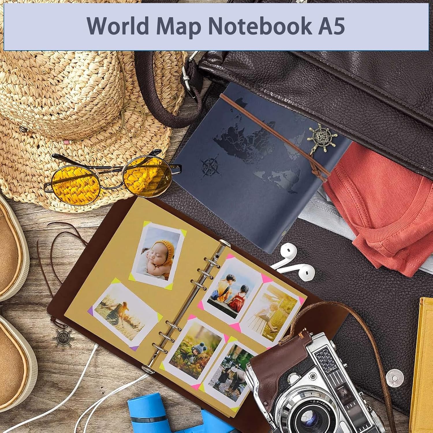 Detalle 2 de Aomiduo Weltkarte Notizbuch 200 Seiten – Nachfüllbar, A5, PU-Leder, 6 Metallringe