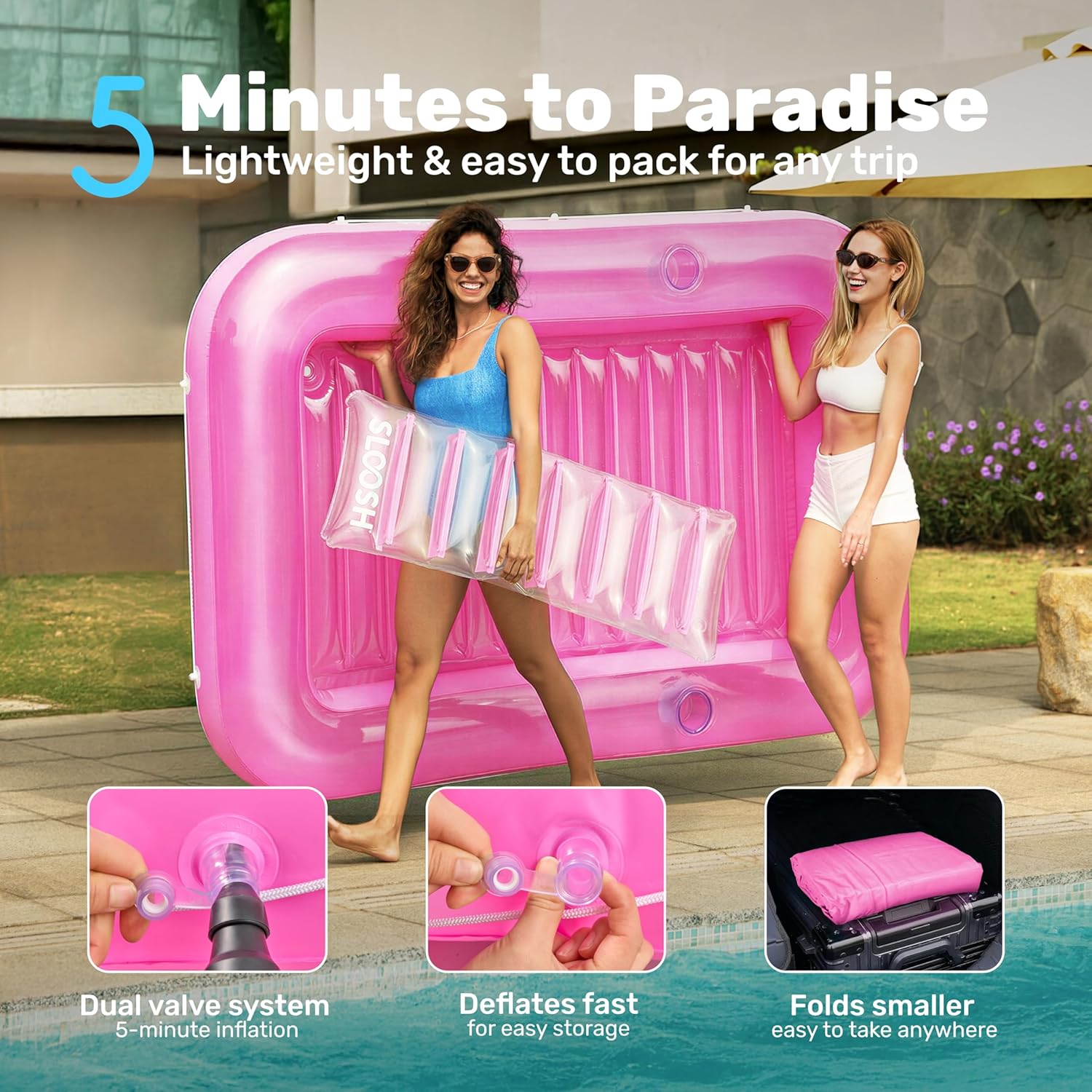 Thumbnail 5 de SLOOSH Inflatable Tanning Pool Lounger Float (85" x 57"), XL Pink