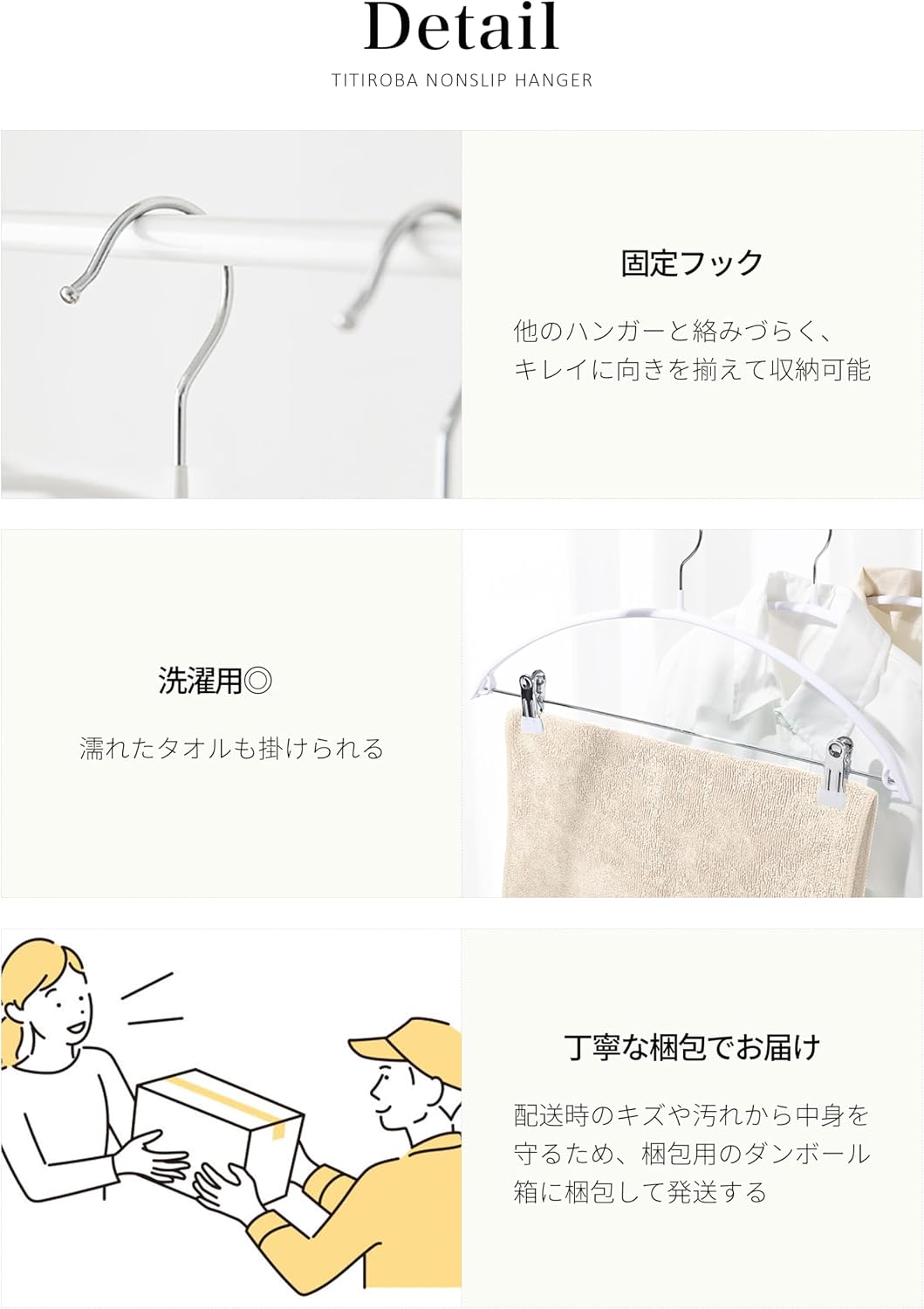 Detalle 2 de チチロバ(Titiroba) アーチ型クリップ付きハンガー すべり止め加工・ブラック・8本組