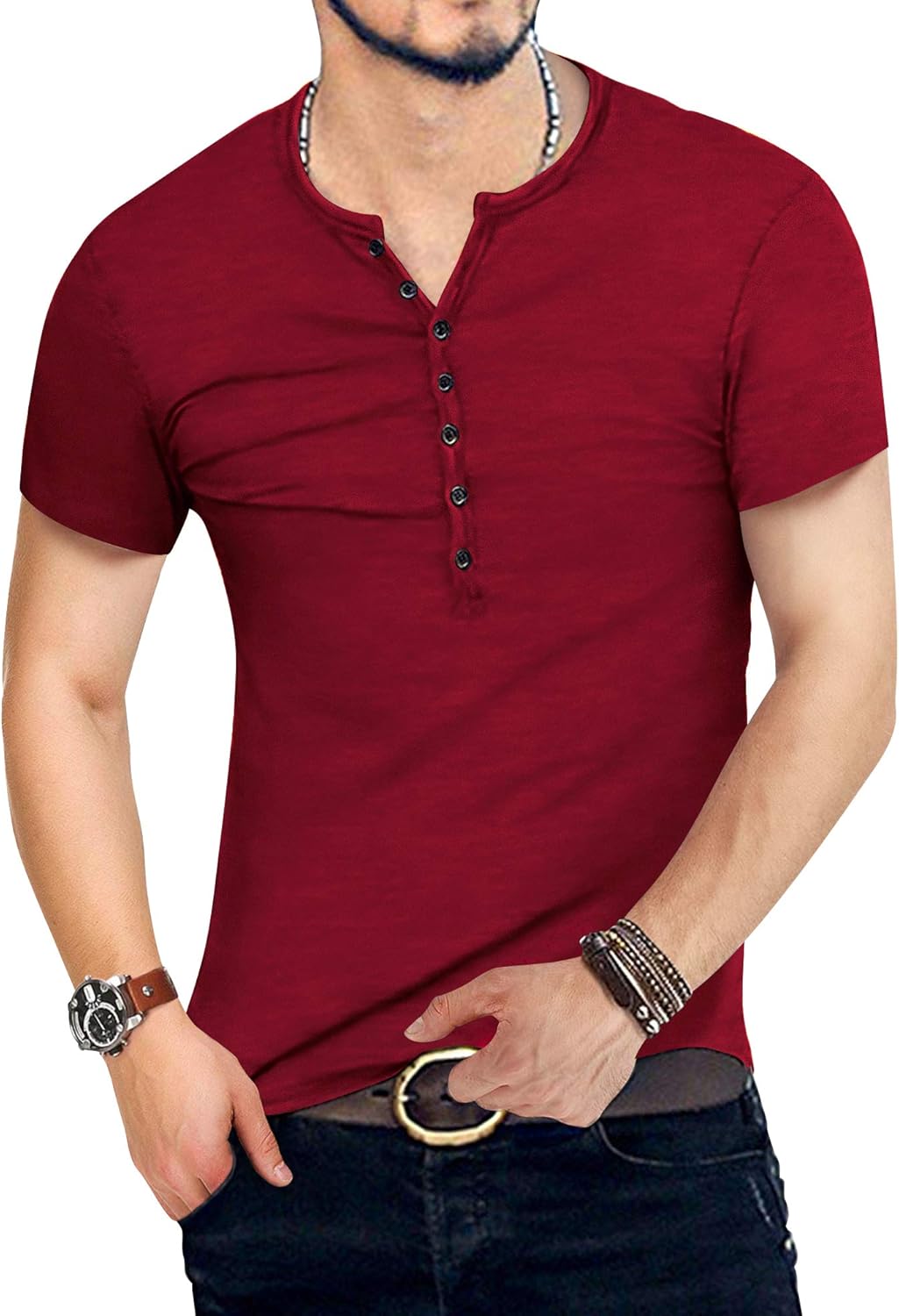 Thumbnail 1 de KUYIGO Herren Henley Slim Fit T-Shirt aus Baumwolle mit Knopfleiste (7 Knöpfe)