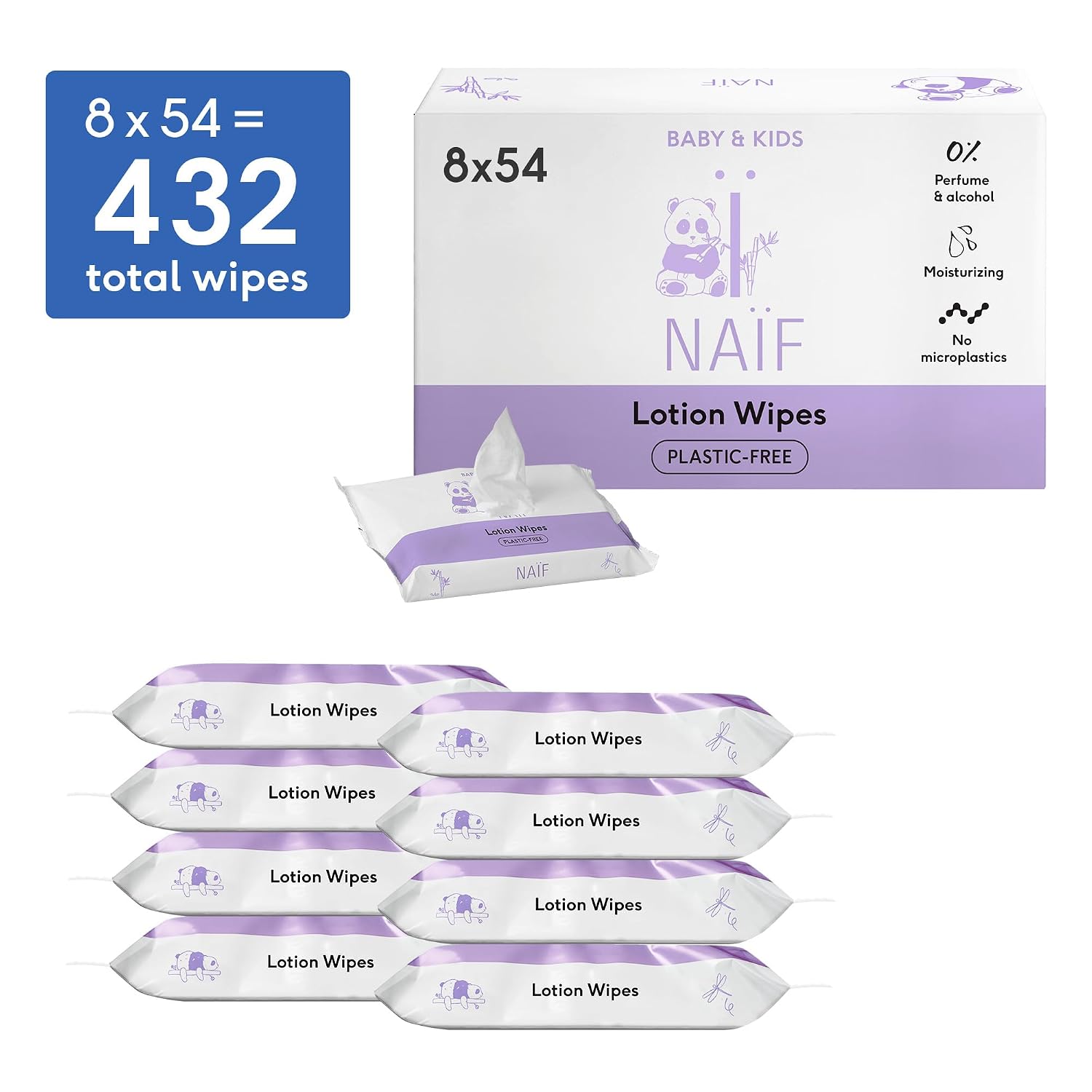 Thumbnail 1 de Naïf plastikfreie Lotion Feuchttücher (432 Stück, 8x 54) für Baby & Kind – 0% Parfüm und Alkohol