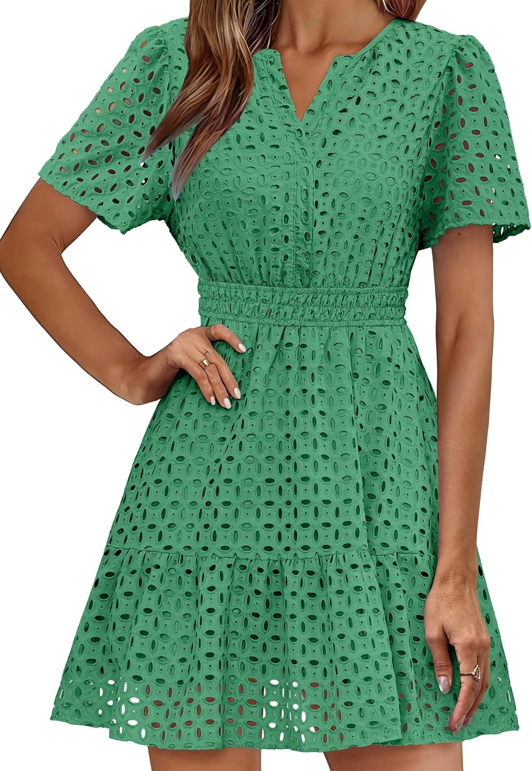 Thumbnail 1 de RUMIA Women's Dresses 2026 Summer V-Neck Eyelet Lace A-Line Short Dress