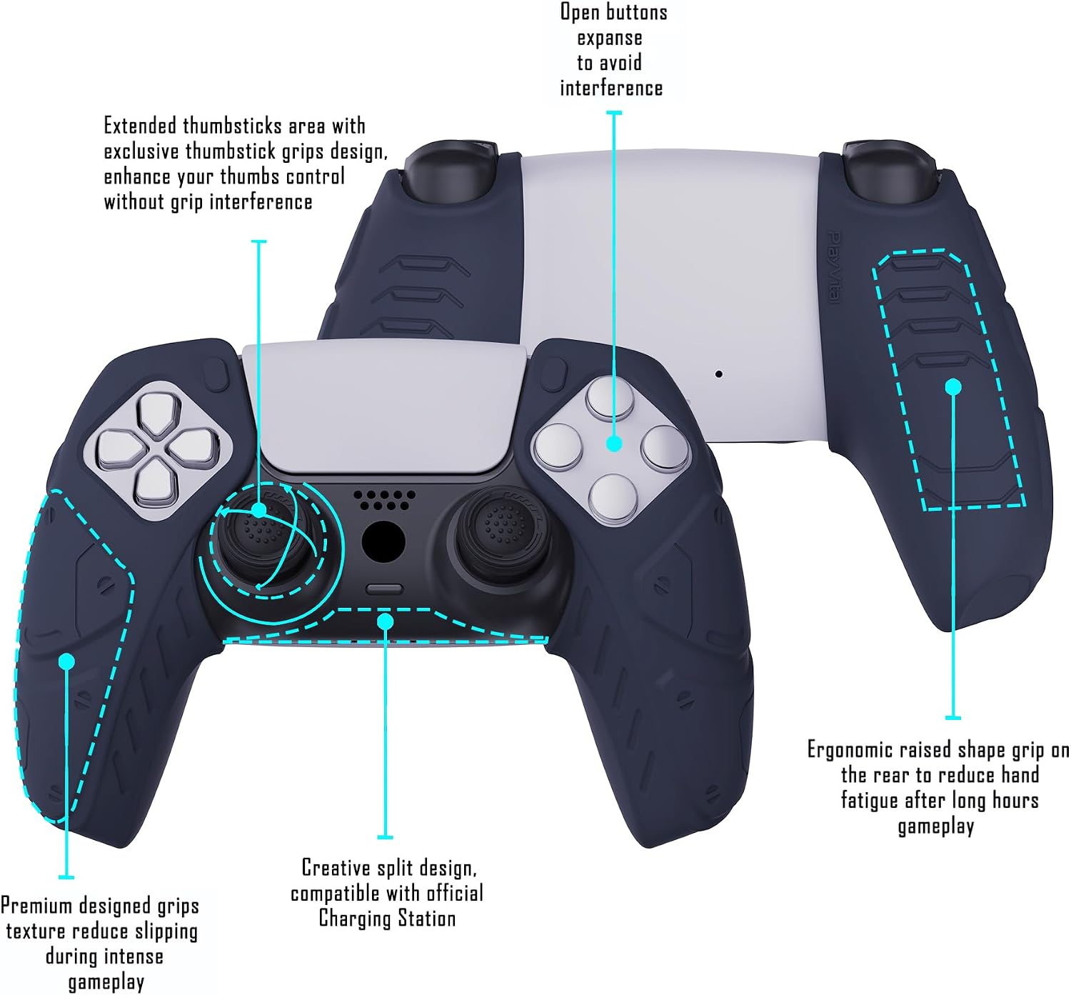 Detalle de PlayVital Mecha Edition Midnight Blue ergonomic silicone grips for PS5 controller (with thumbstick caps) — compatible with charging station