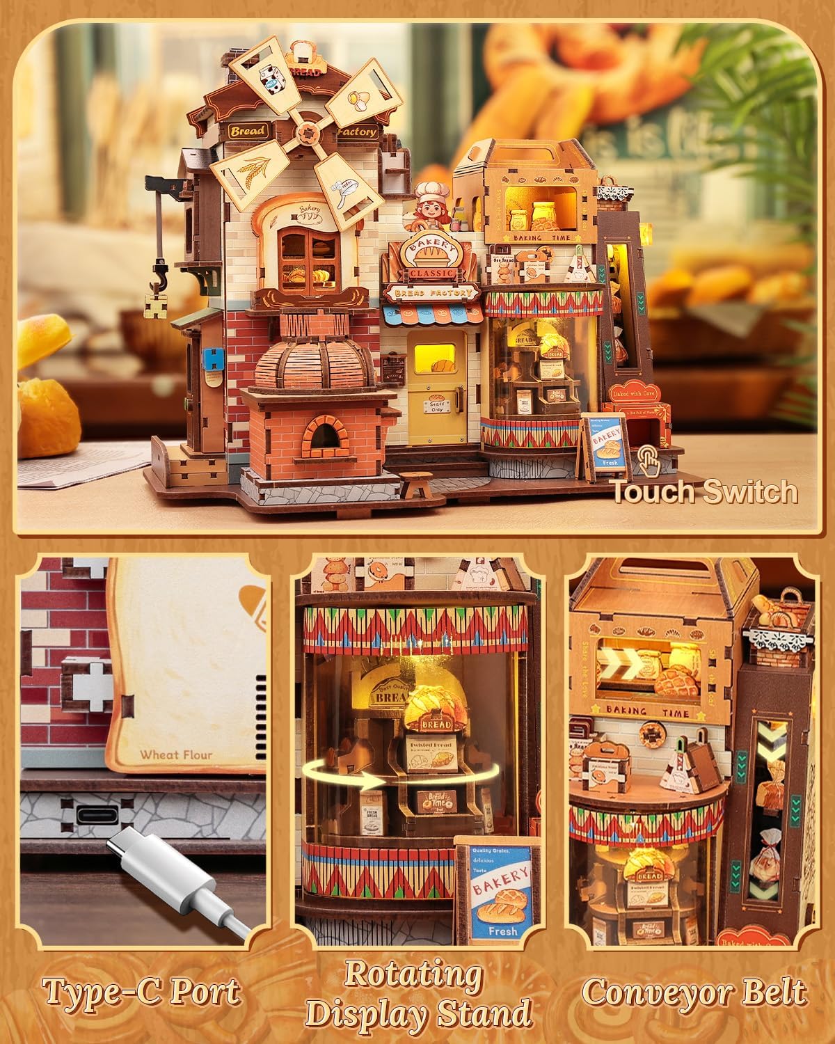 Thumbnail 2 de CUTEBEE 3D Holz Modellbau-Set Spieluhr mit LED, Musik & Rauchnebel (Typ-C, drehbares Display) – Brotfabrik