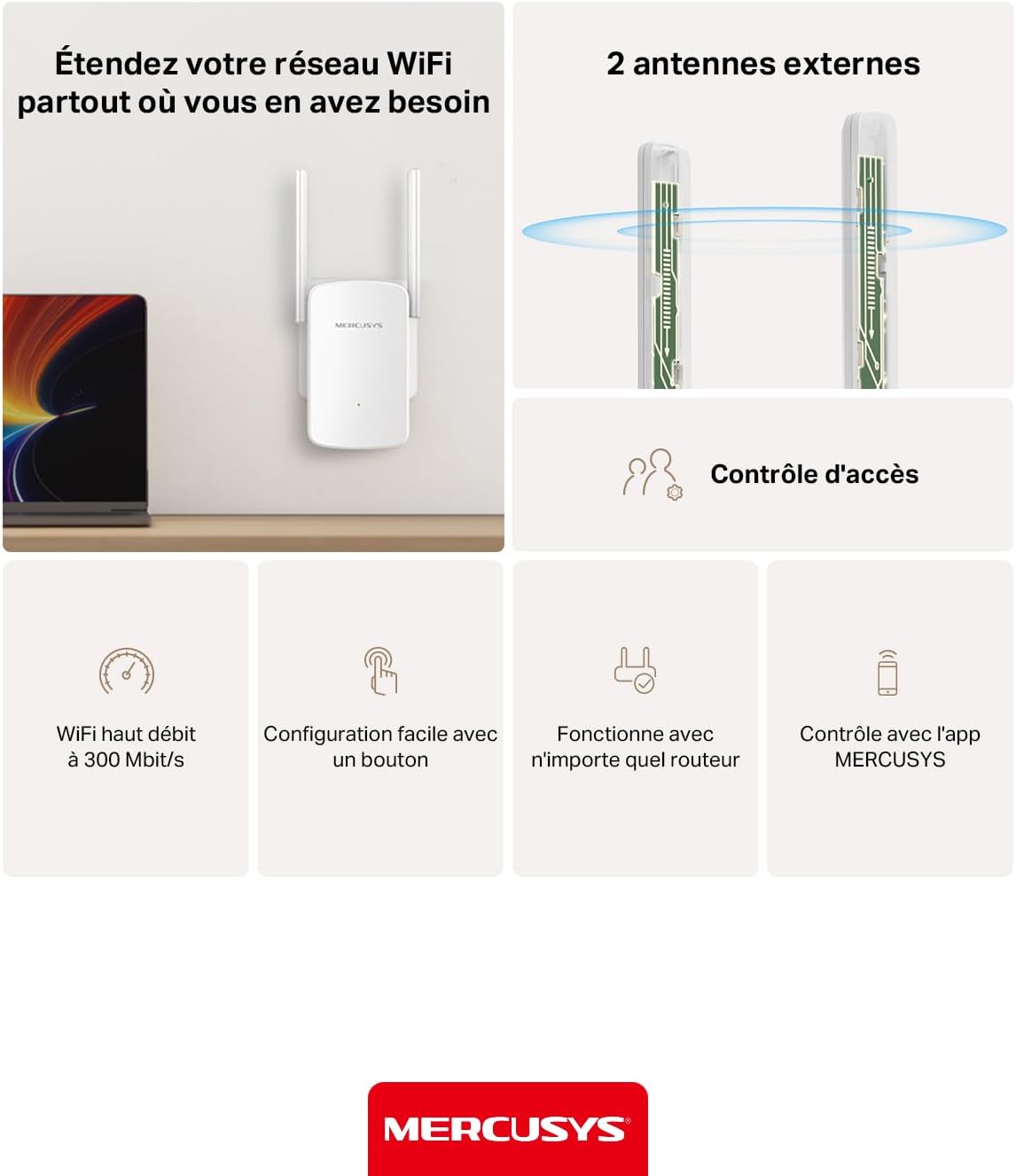 Thumbnail 2 de MERCUSYS ME12 : répéteur Wi‑Fi N300 jusqu’à 300 Mbps sur 2,4 GHz avec 2 antennes externes