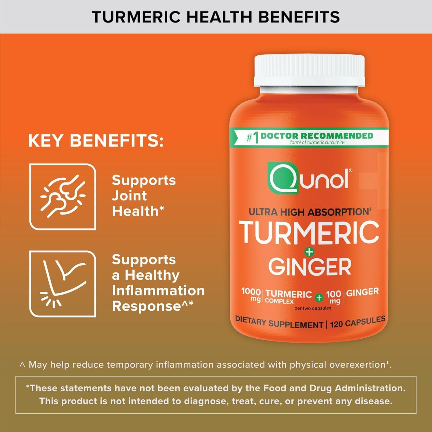 Detalle de Qunol Turmeric Curcumin & Ginger Capsules, 1000 mg + 100 mg, 120 Count