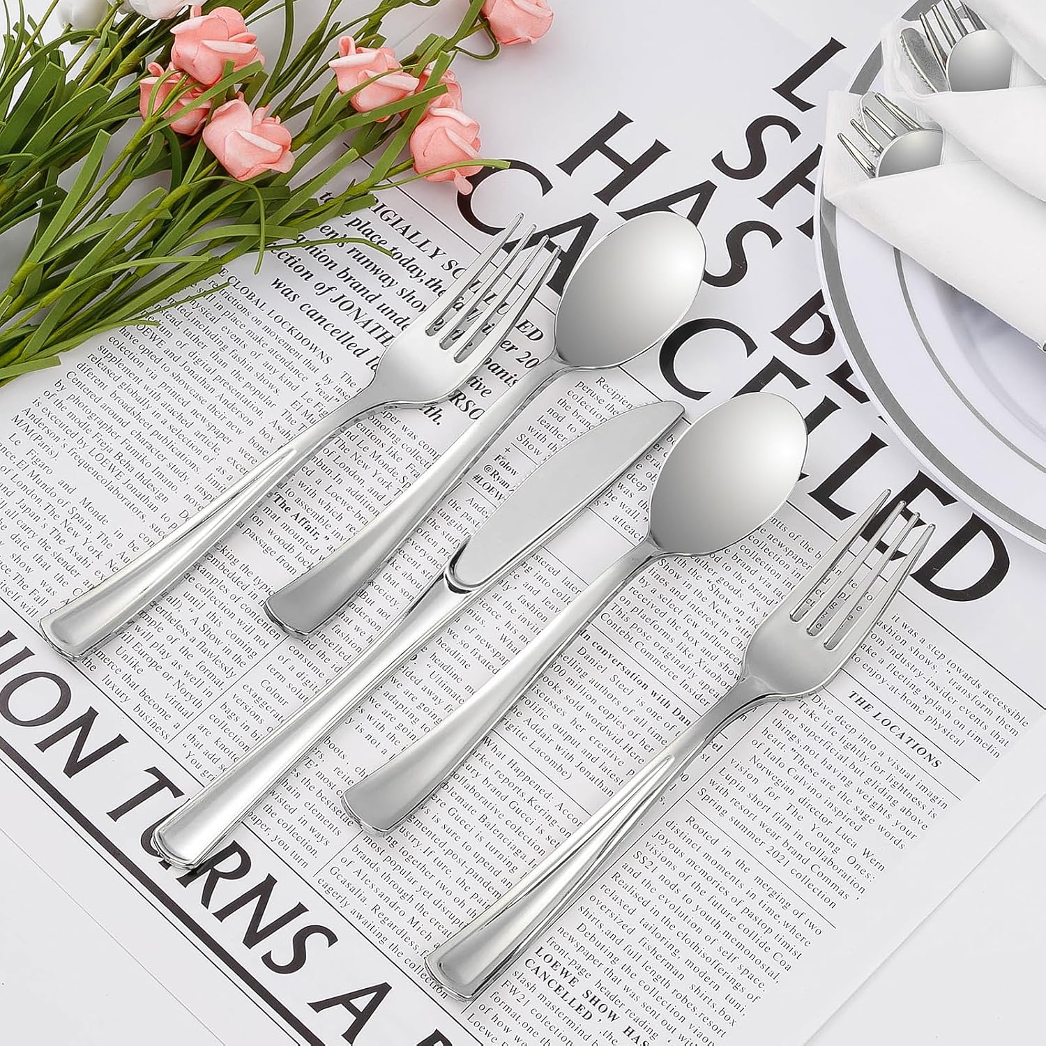 Detalle de Goodluck 100 Pack Pre-Rolled Silver Plastic Cutlery Set with Napkins