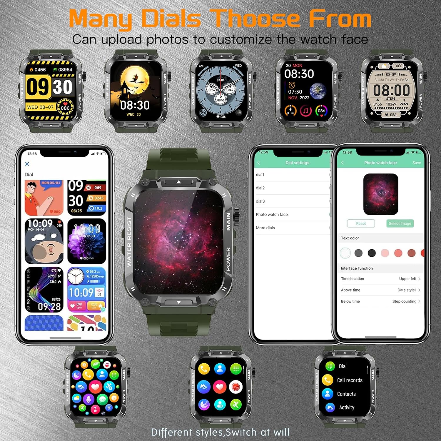 Detalle 2 de Military Smart Watch for Men (1.96-inch) in Military Green with Call, Fitness, Blood Oxygen & Sleep