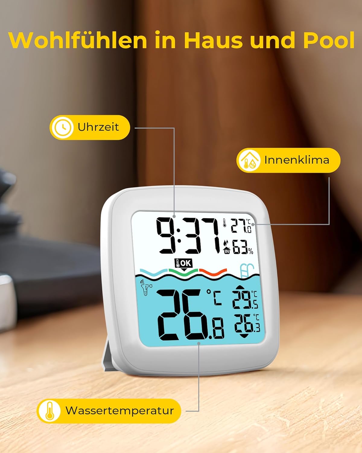 Detalle de Newentor Funk Poolthermometer – 4-fach, wasserdicht, Reichweite bis 100 m, schwimmend mit Basisstation