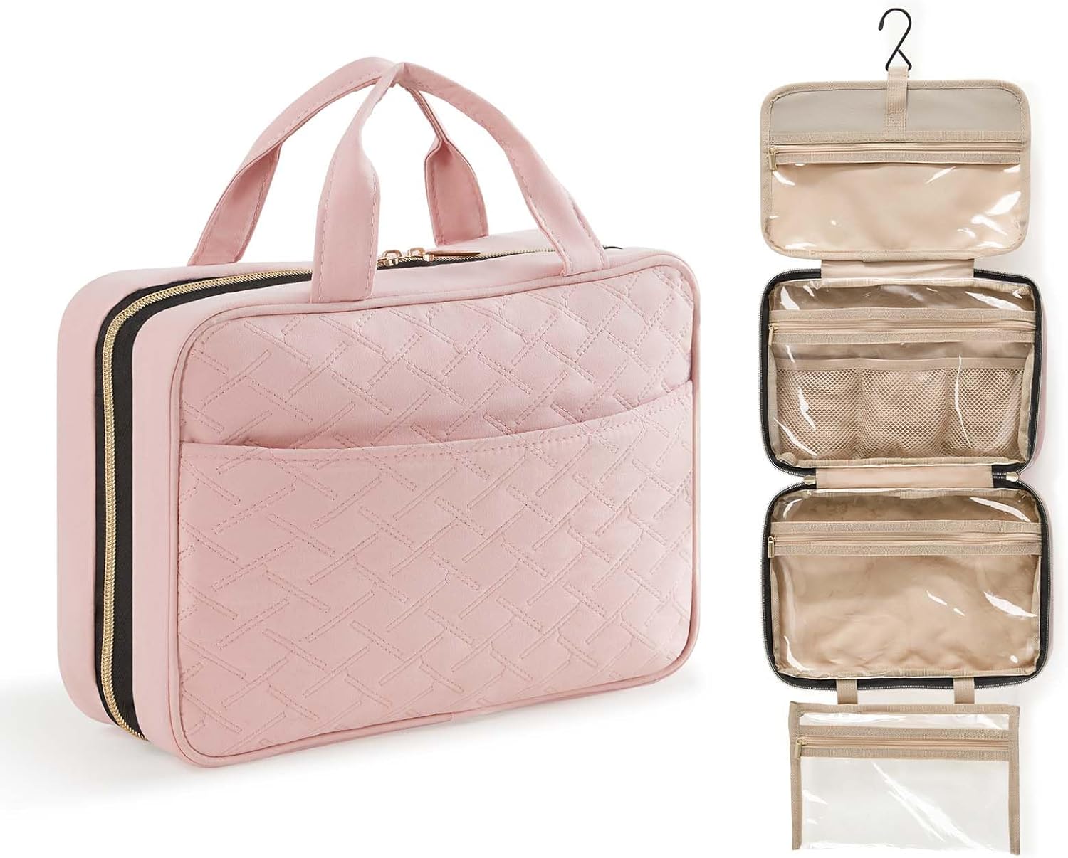 Detalle 2 de Lifewit Reise Kulturbeutel Damen – Große, aufhängbare Kosmetiktasche mit PVC-Design, Rosa (Medium)