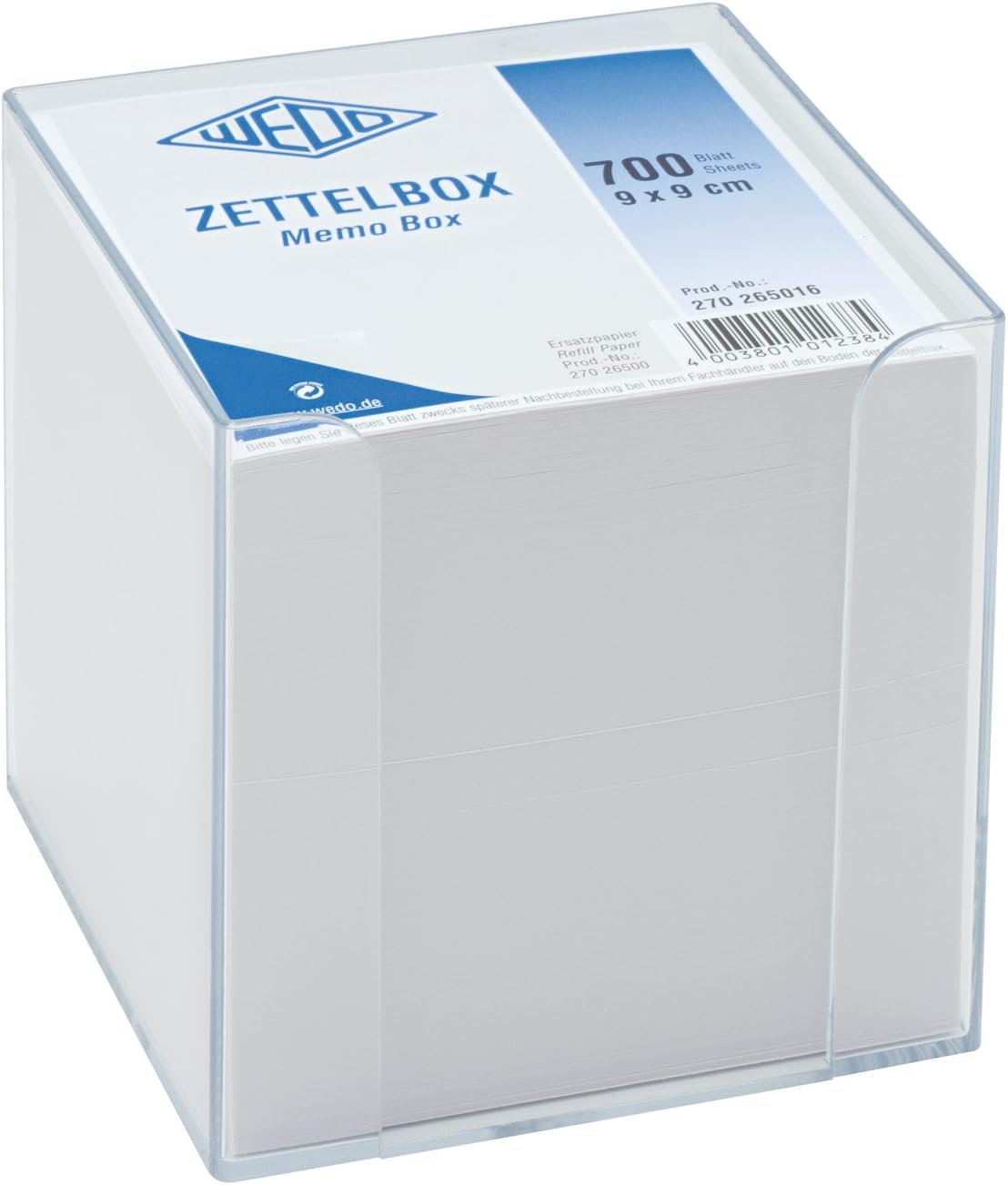 Detalle de Wedo 2702650 Zettelbox aus ABS-Kunststoff – rauchglasfarben, gefüllt (9 x 9 cm, ca. 700 Blatt)